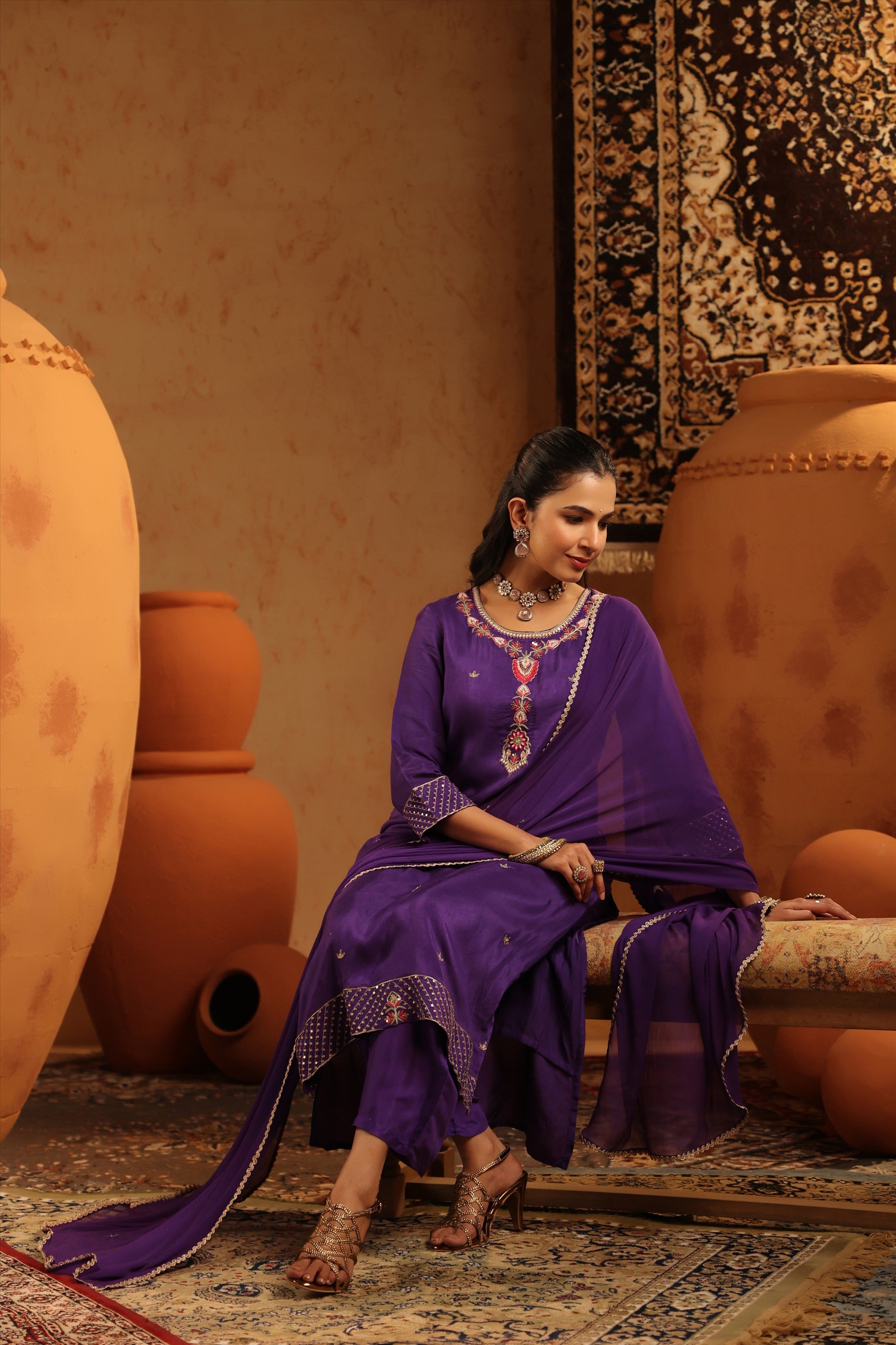 Purple Silk Embroidered-Handwork Straight Suit Set