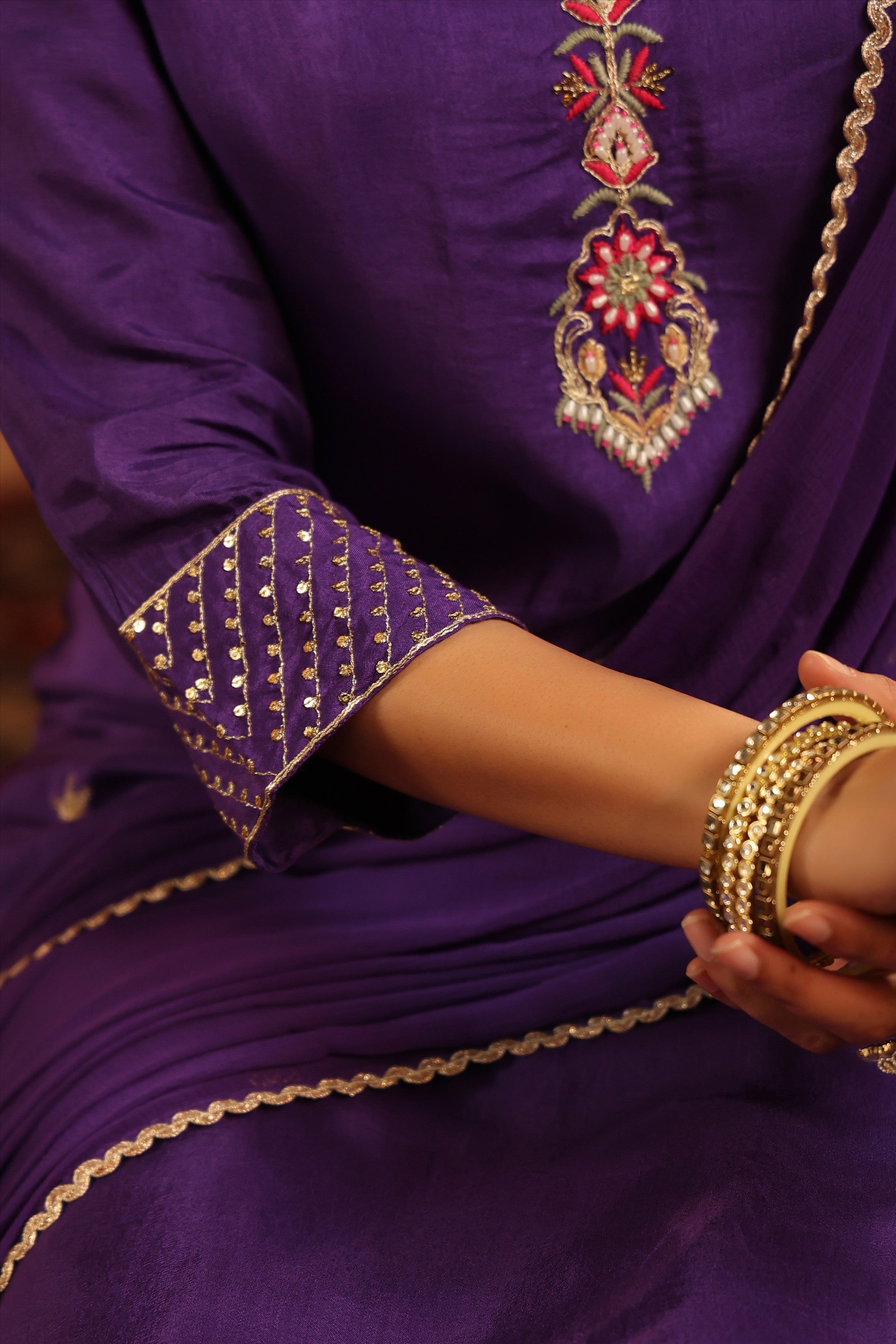 Purple Silk Embroidered-Handwork Straight Suit Set