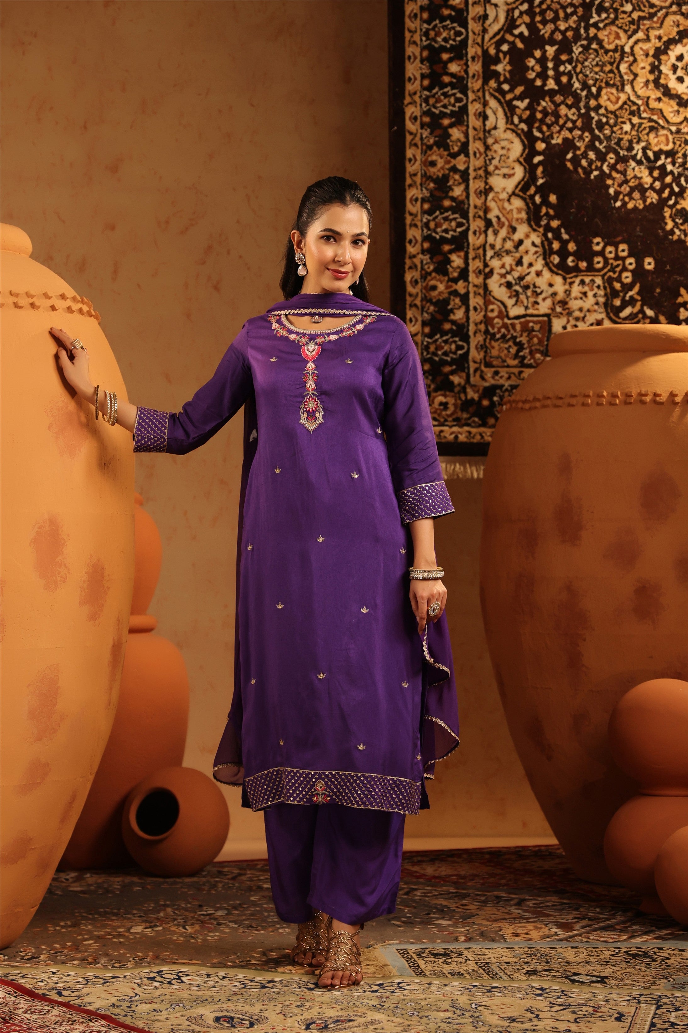 Purple Silk Embroidered-Handwork Straight Suit Set