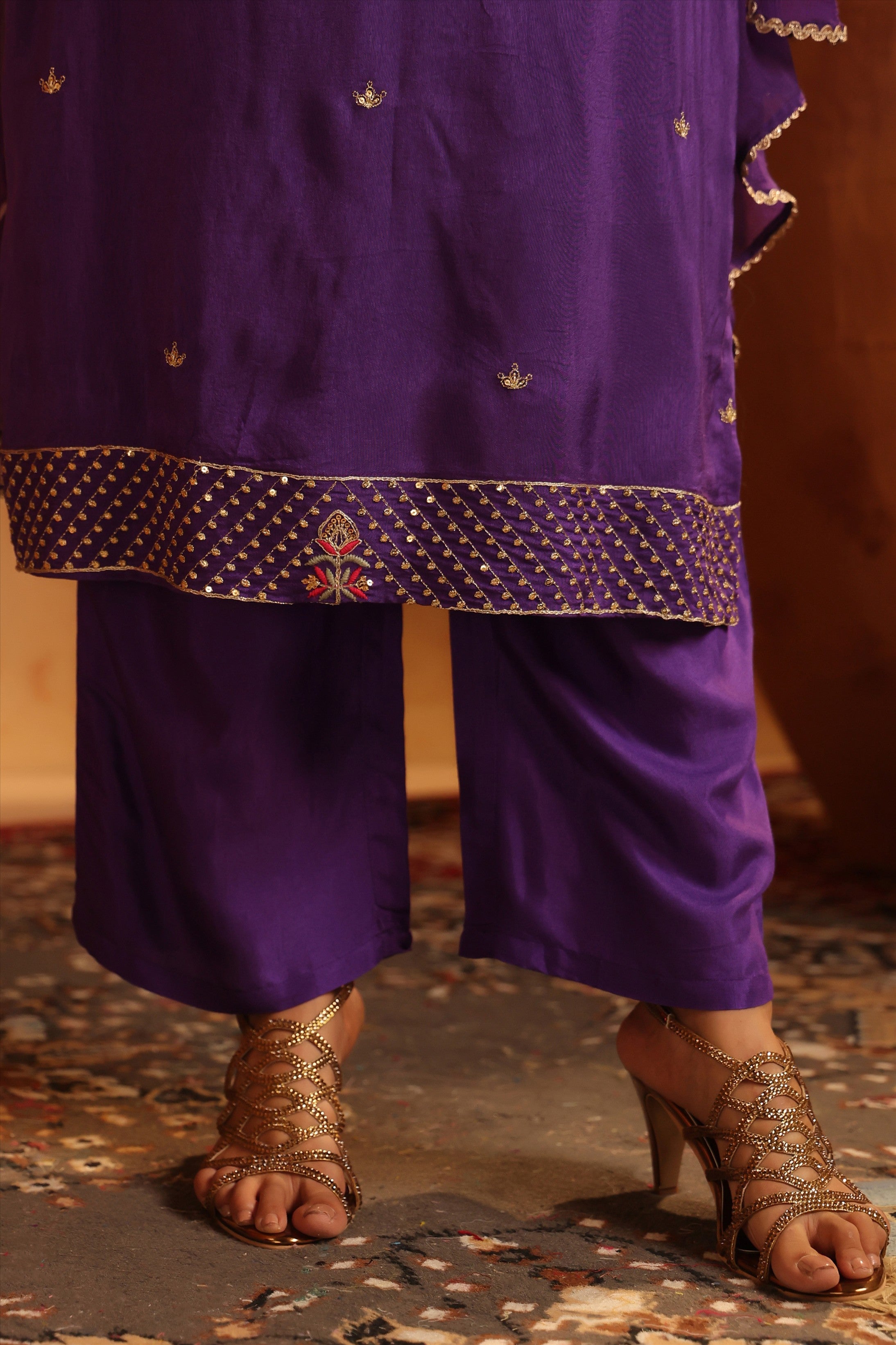 Purple Silk Embroidered-Handwork Straight Suit Set