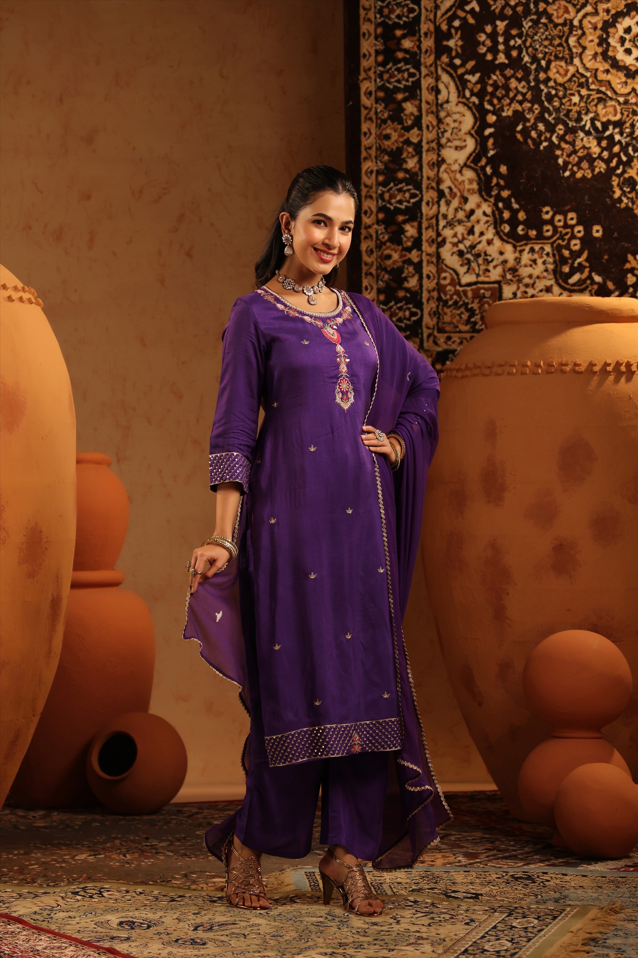 Purple Silk Embroidered-Handwork Straight Suit Set