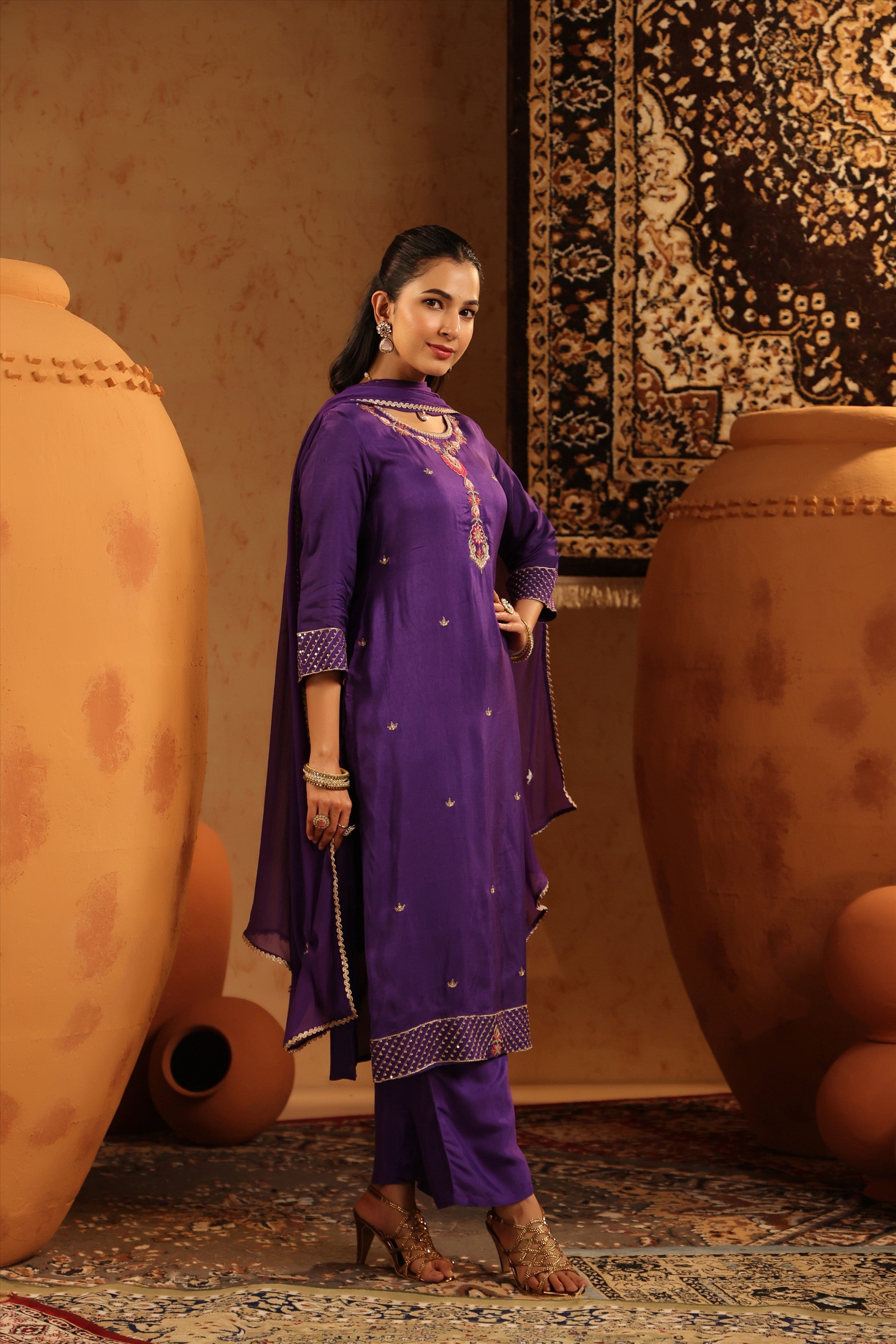 Purple Silk Embroidered-Handwork Straight Suit Set
