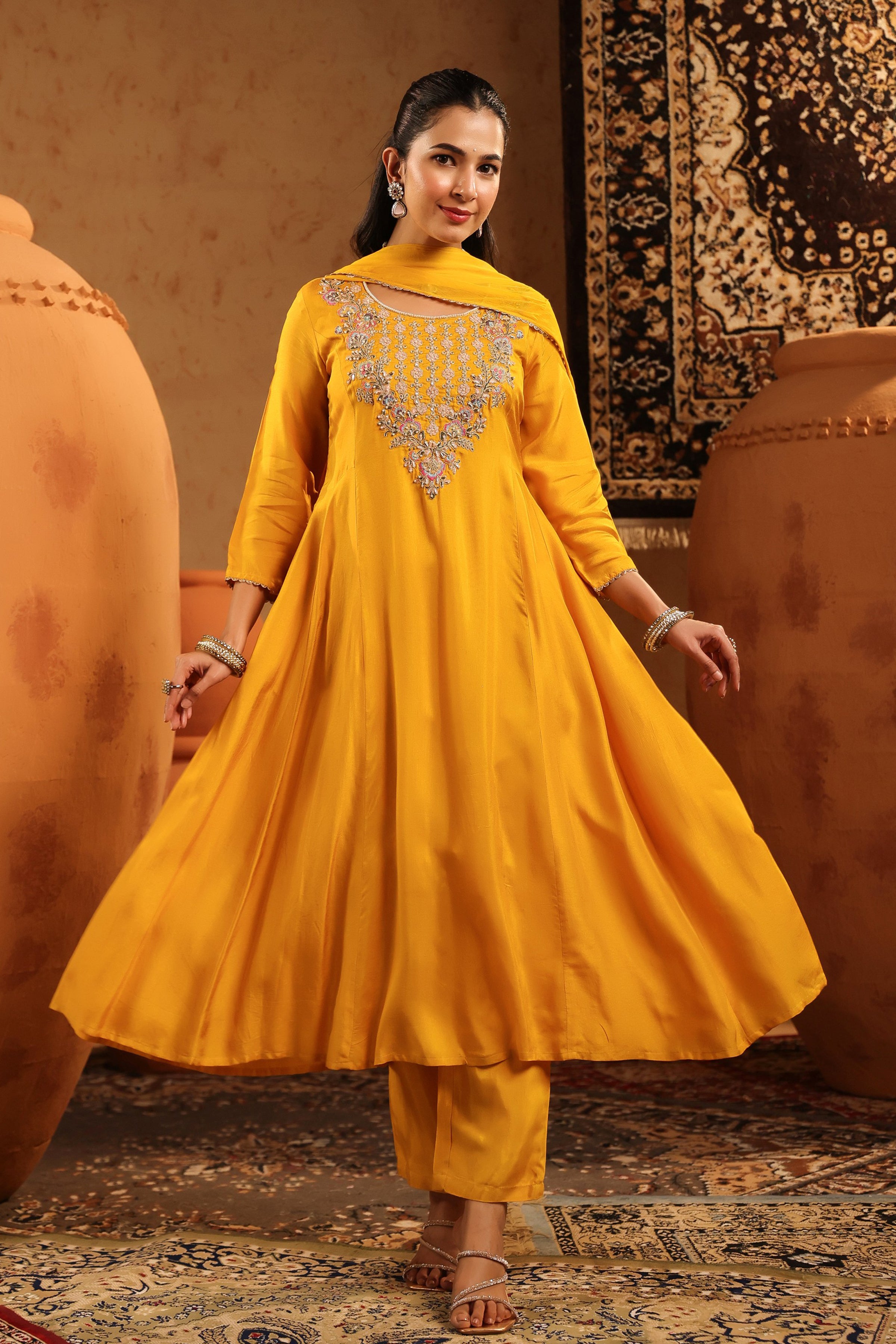 Mustard Silk Embroidered-Handwork Anarkali Suit Set