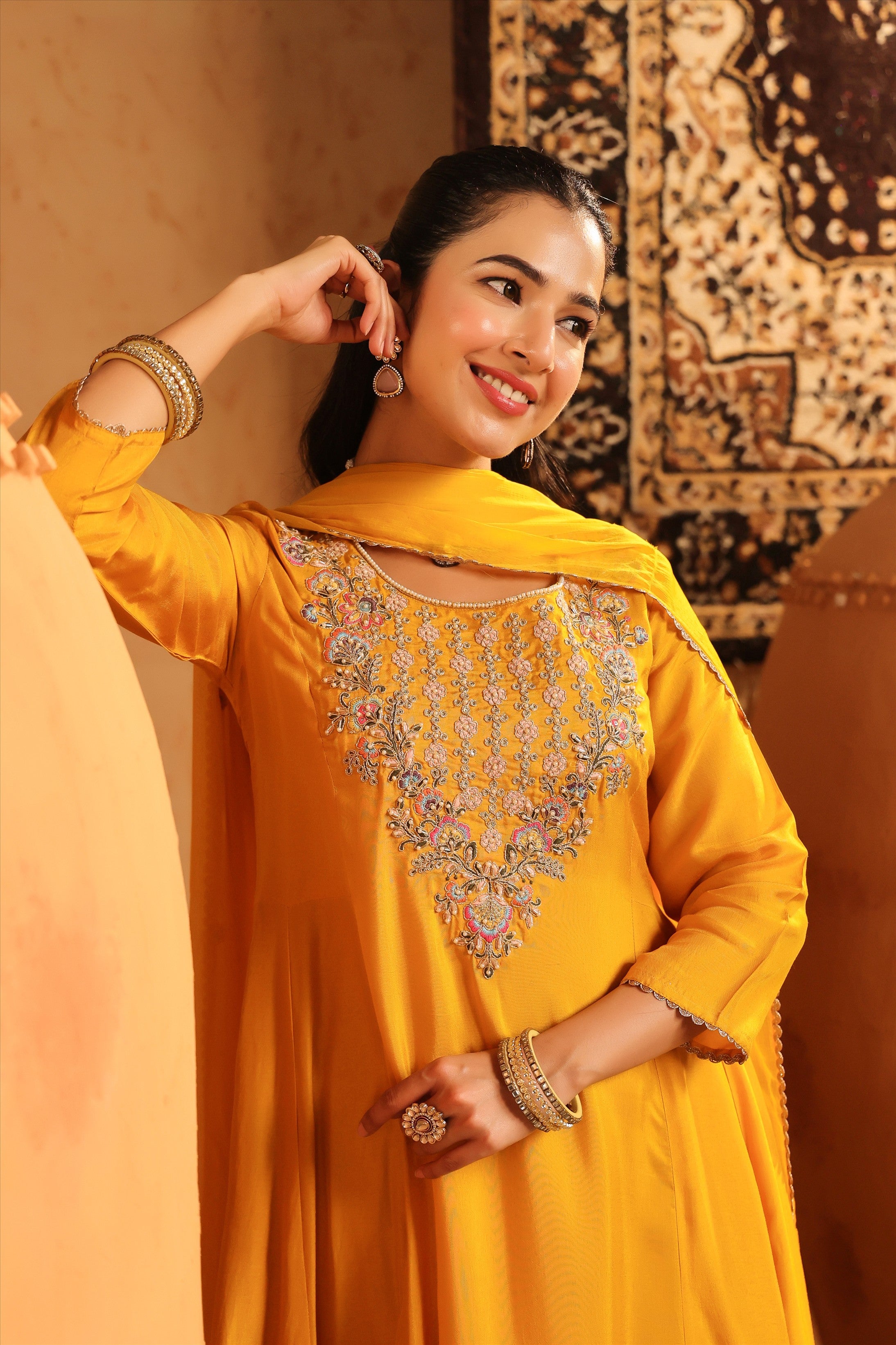 Mustard Silk Embroidered-Handwork Anarkali Suit Set