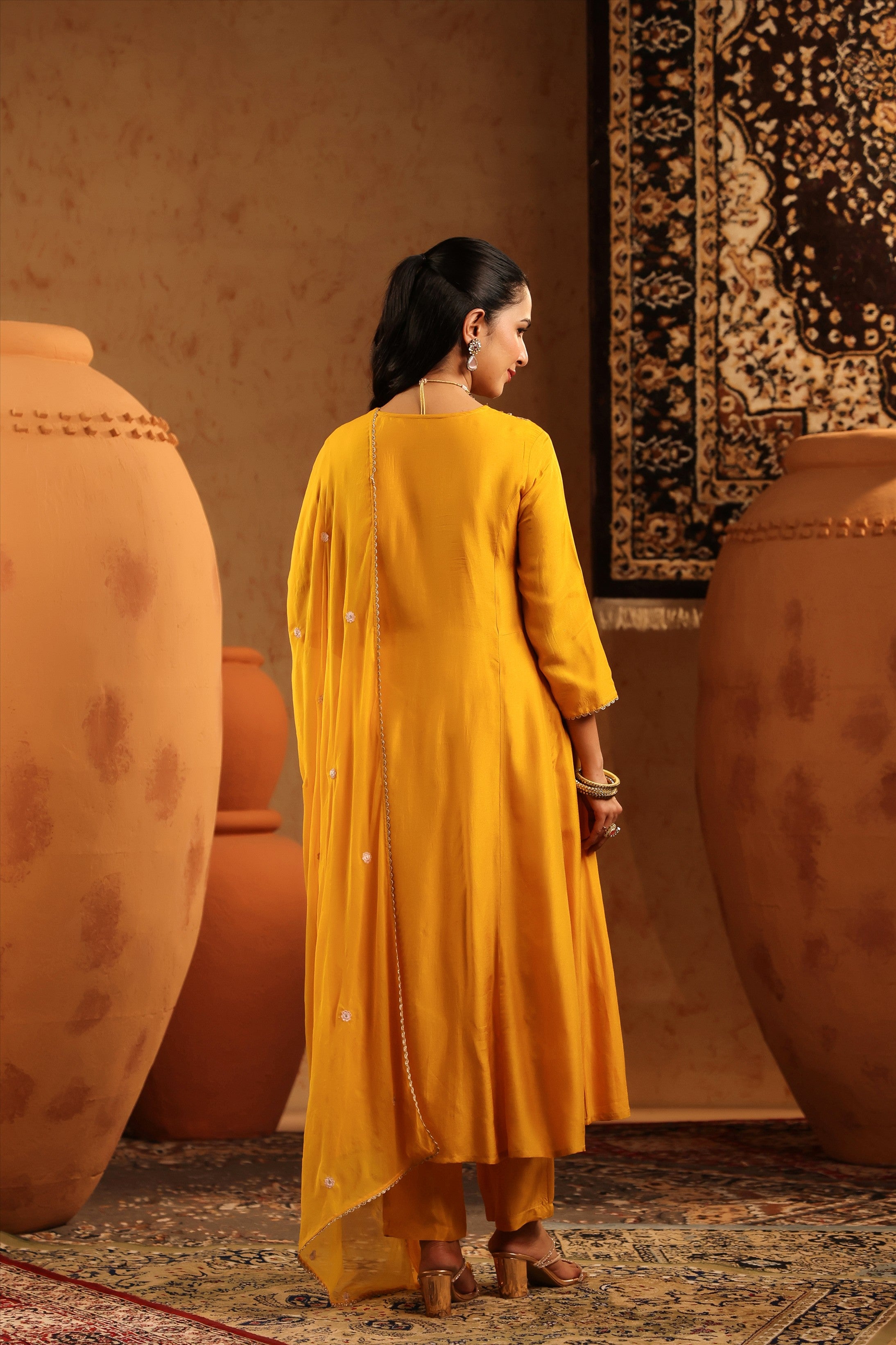 Mustard Silk Embroidered-Handwork Anarkali Suit Set