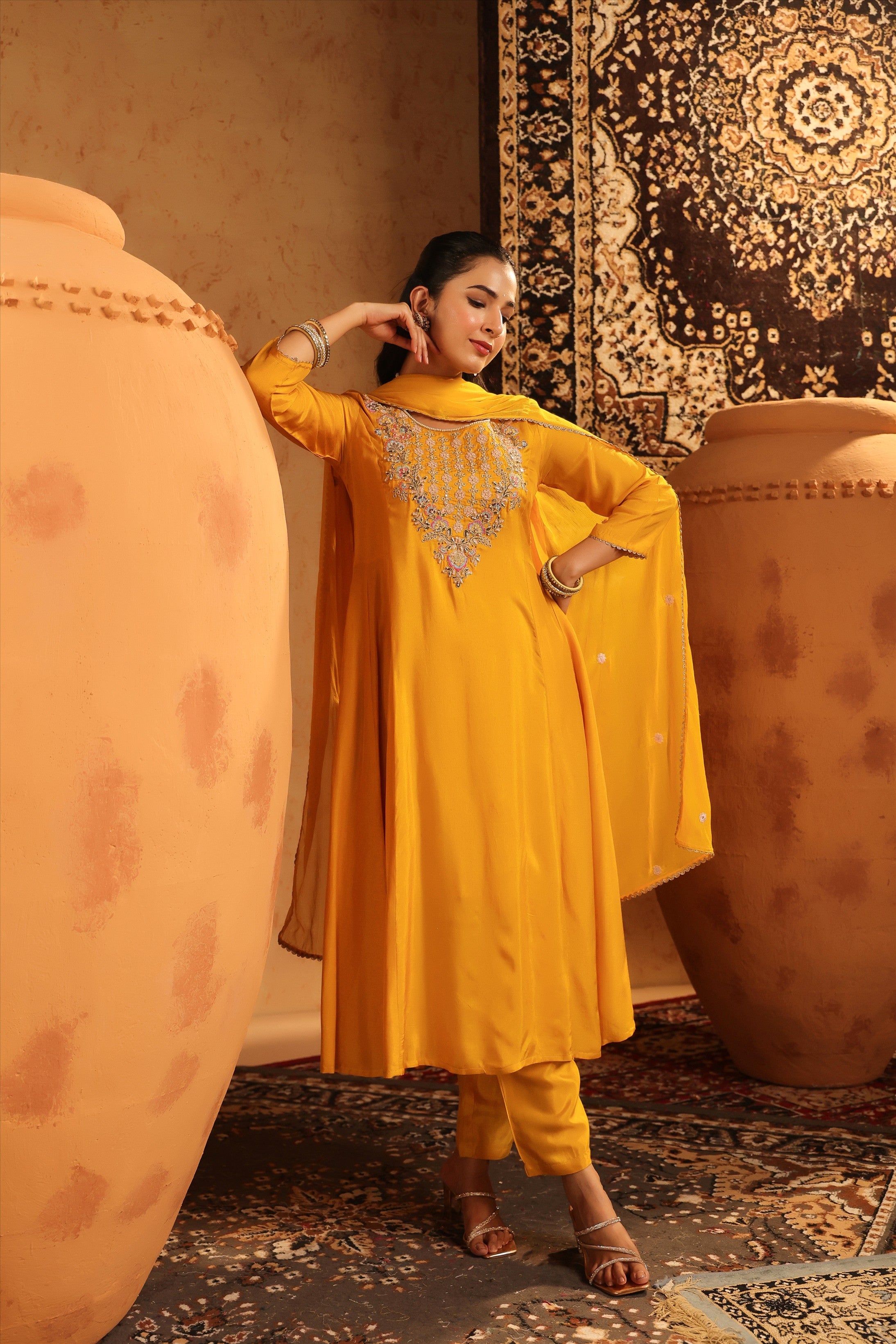 Mustard Silk Embroidered-Handwork Anarkali Suit Set