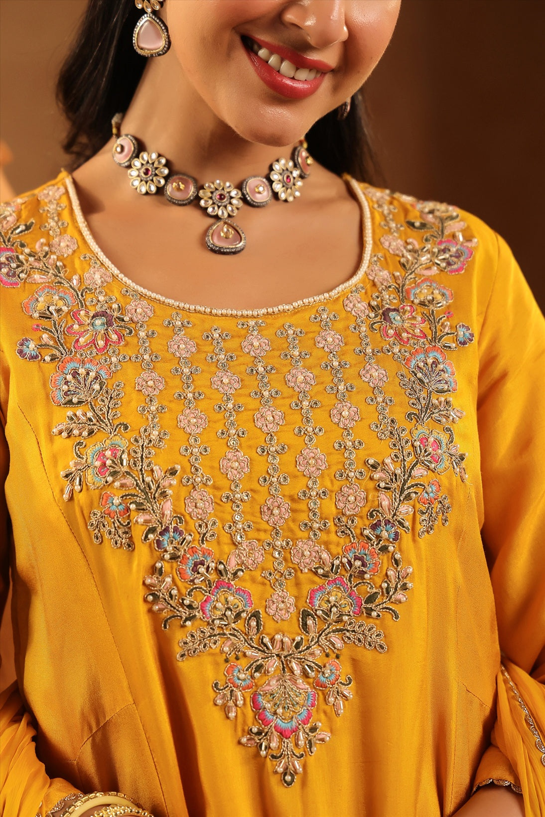 Mustard Silk Embroidered-Handwork Anarkali Suit Set