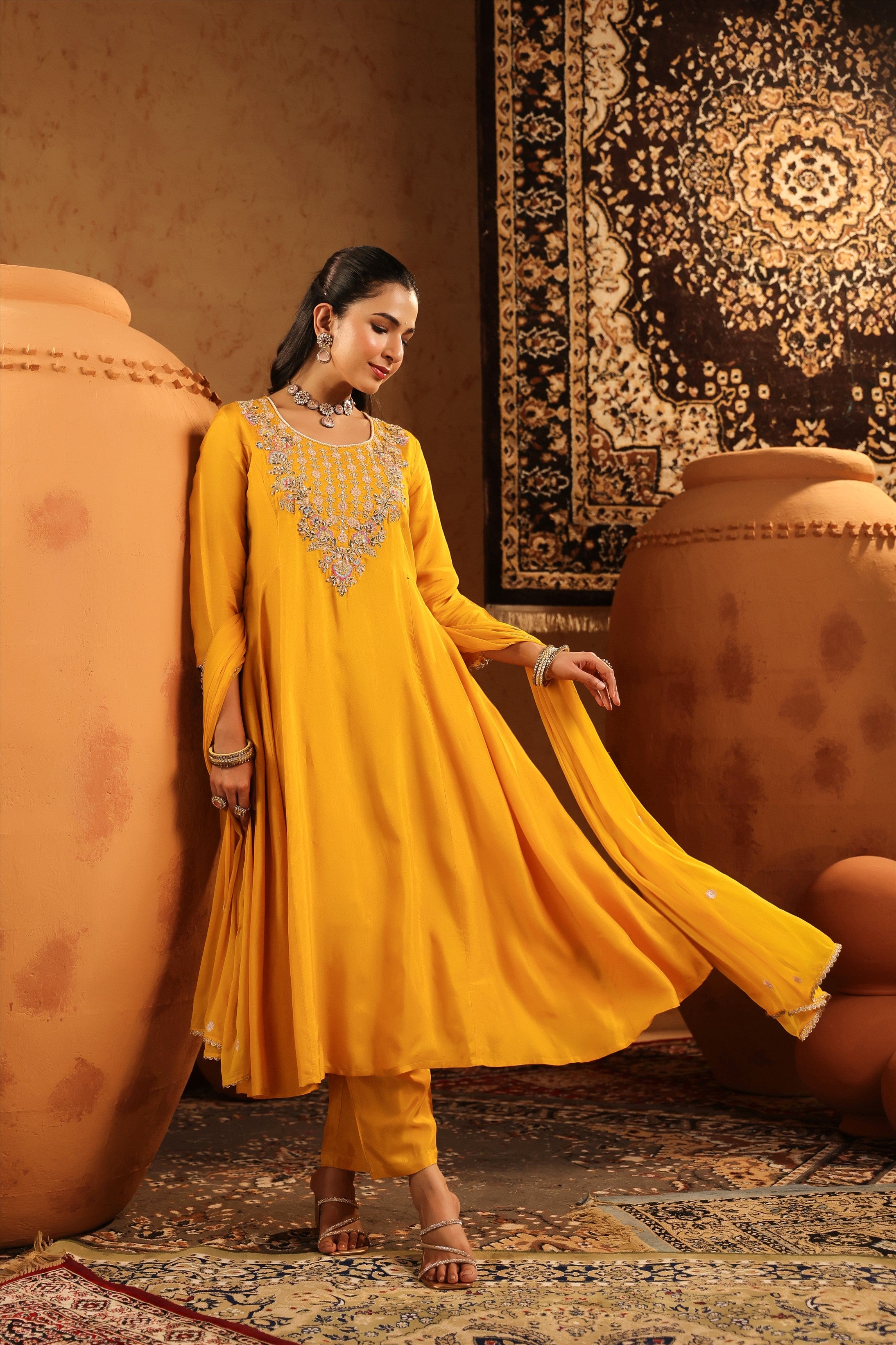 Mustard Silk Embroidered-Handwork Anarkali Suit Set