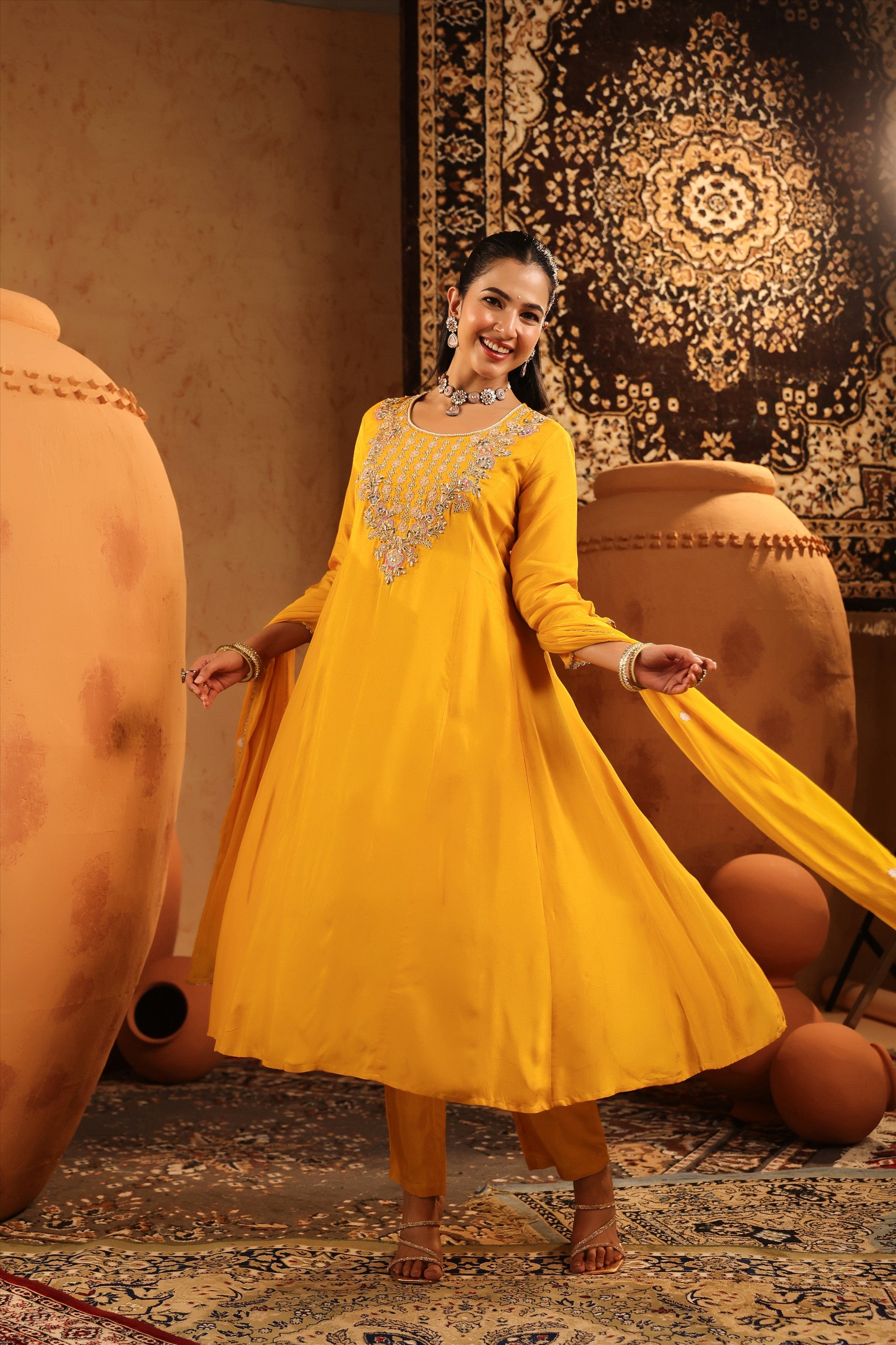 Mustard Silk Embroidered-Handwork Anarkali Suit Set