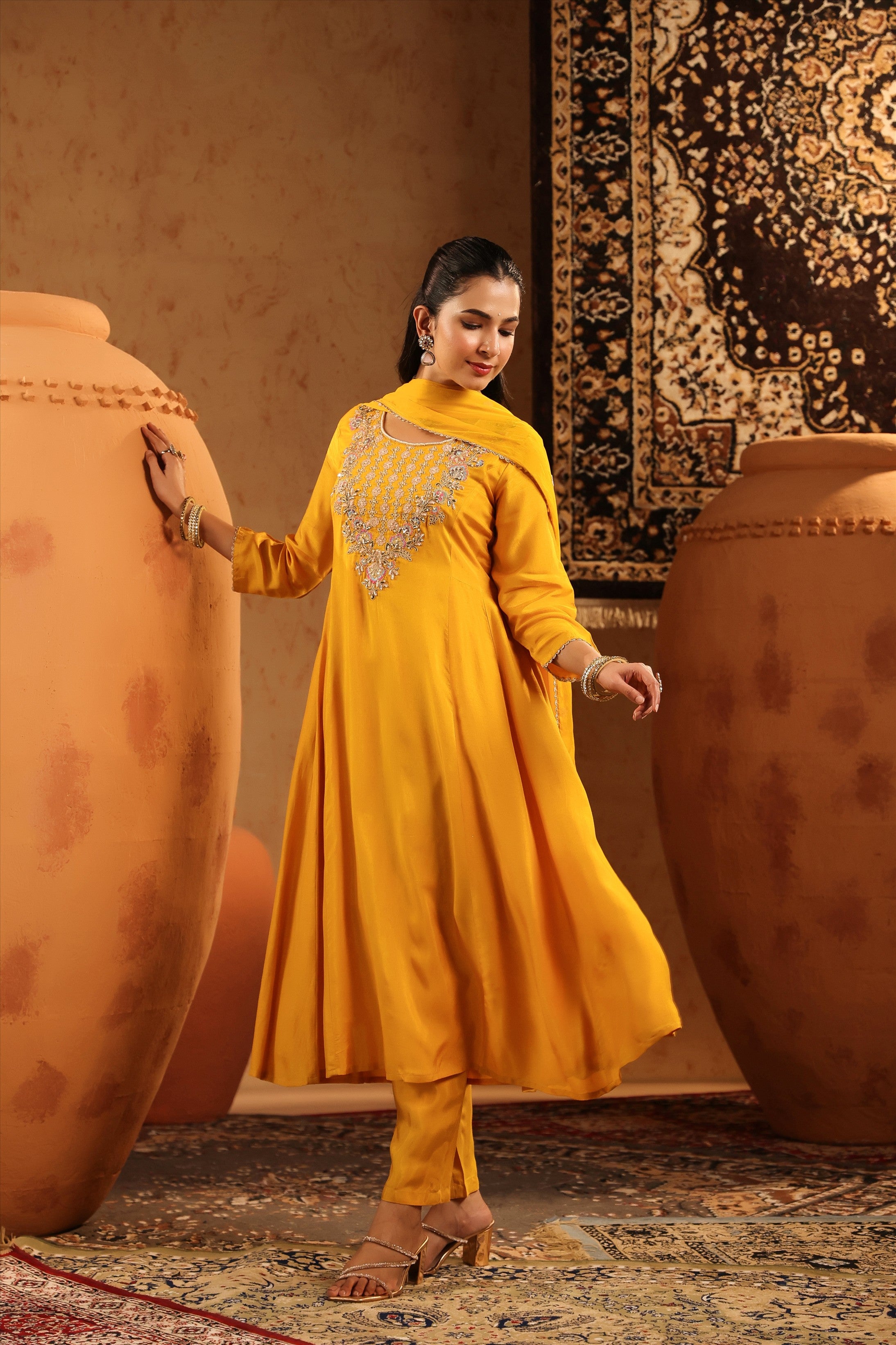 Mustard Silk Embroidered-Handwork Anarkali Suit Set