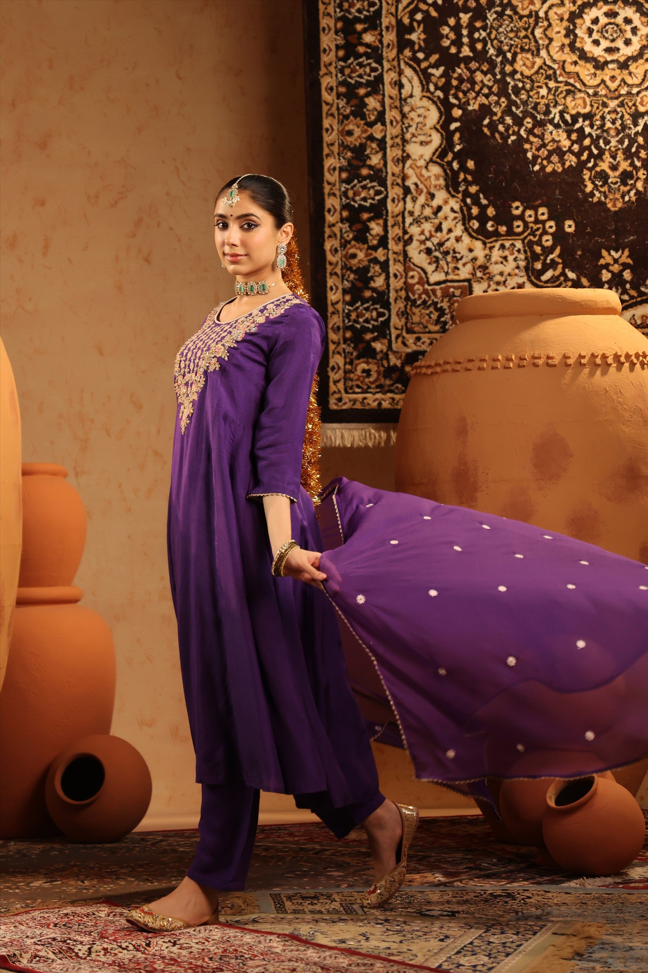Purple Silk Embroidered-Handwork Anarkali Suit Set