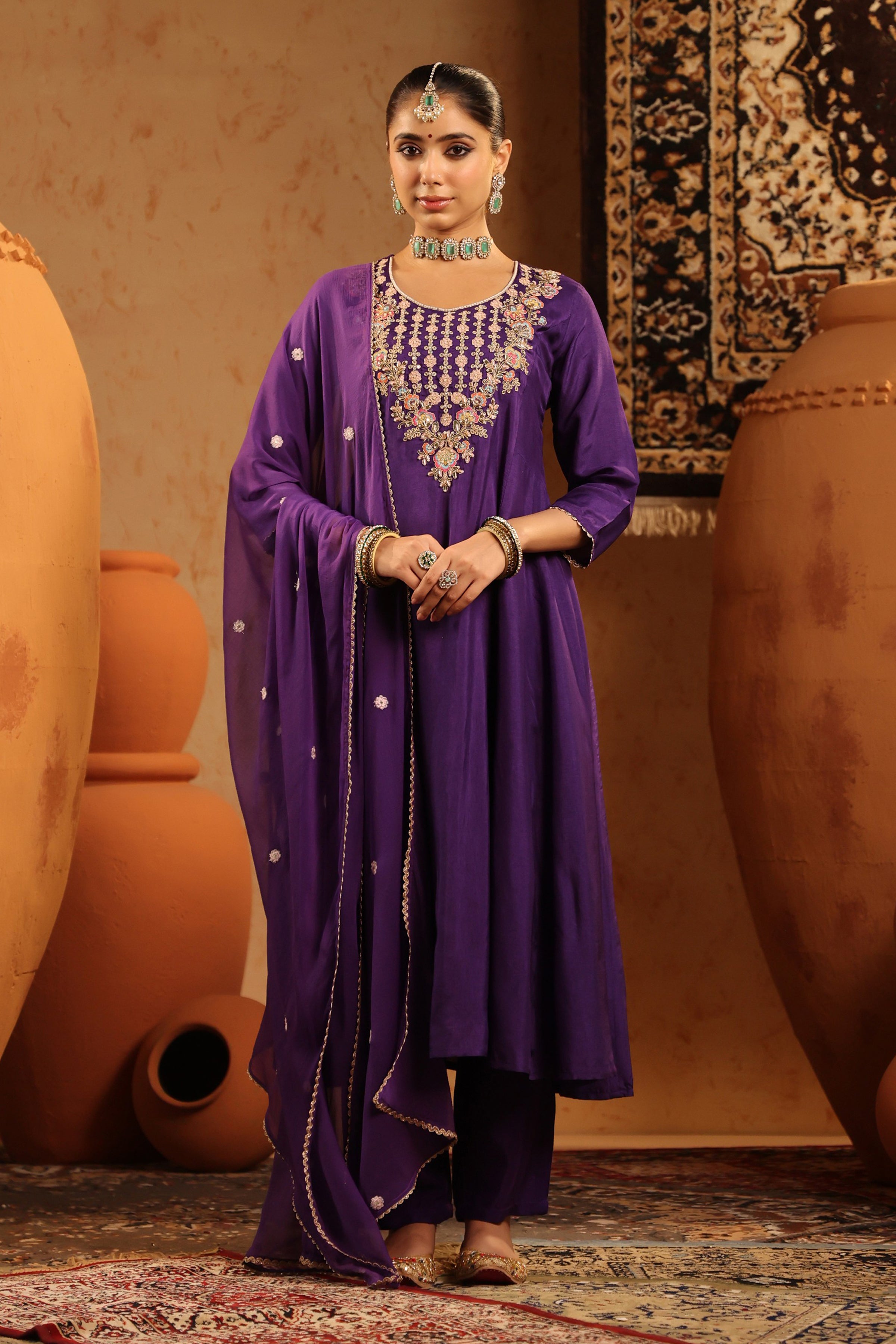 Purple Silk Embroidered-Handwork Anarkali Suit Set