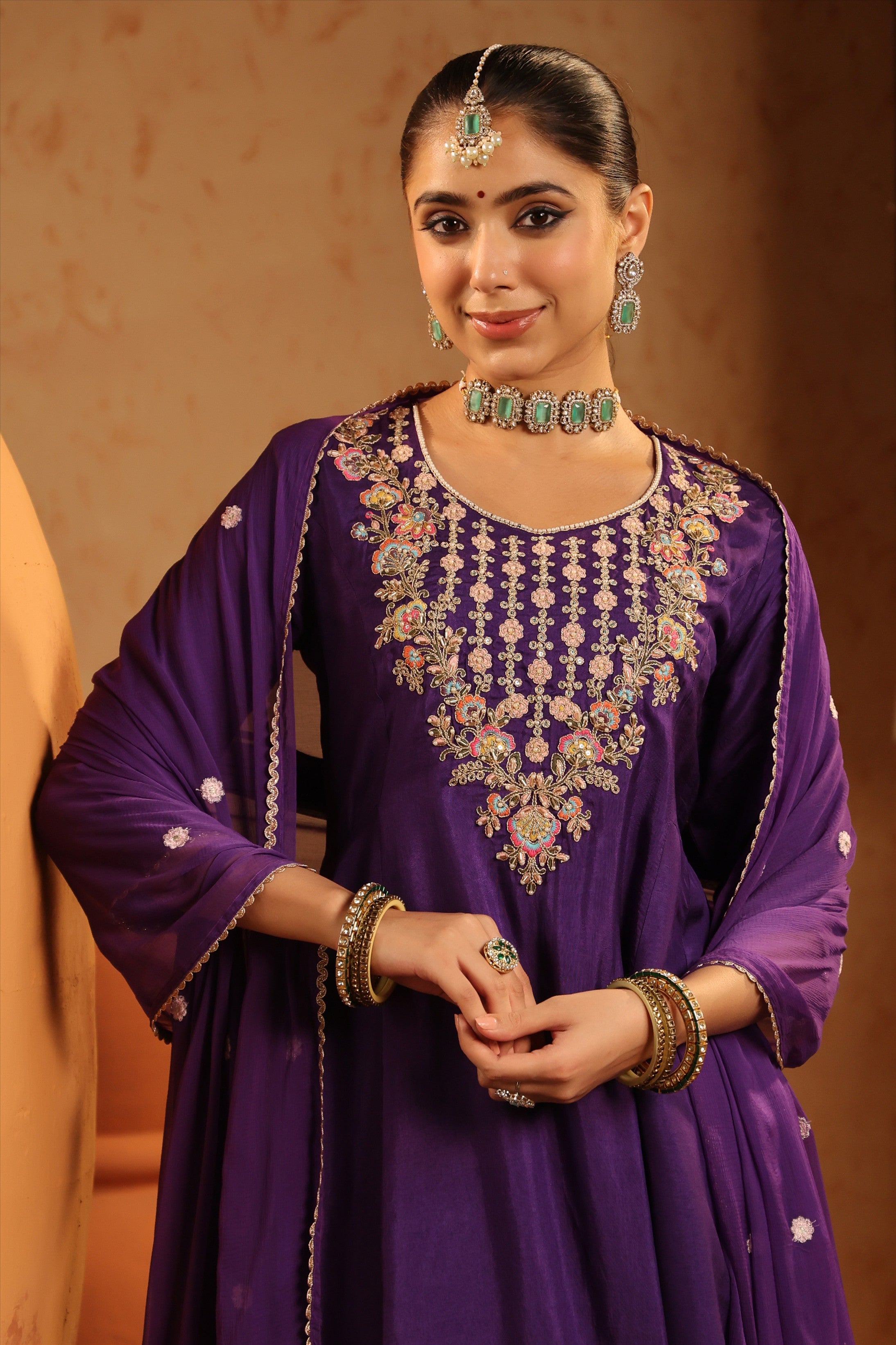 Purple Silk Embroidered-Handwork Anarkali Suit Set