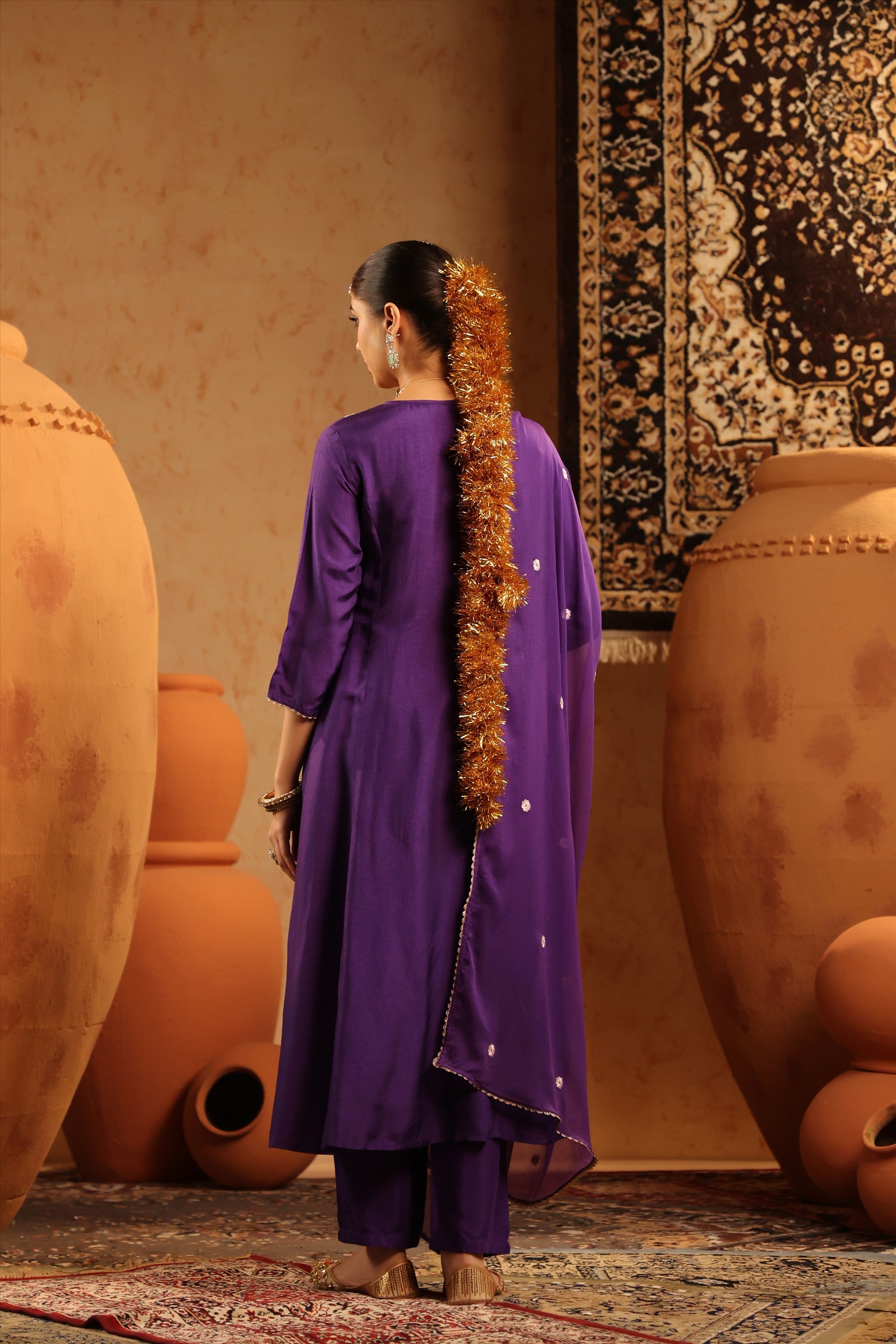 Purple Silk Embroidered-Handwork Anarkali Suit Set