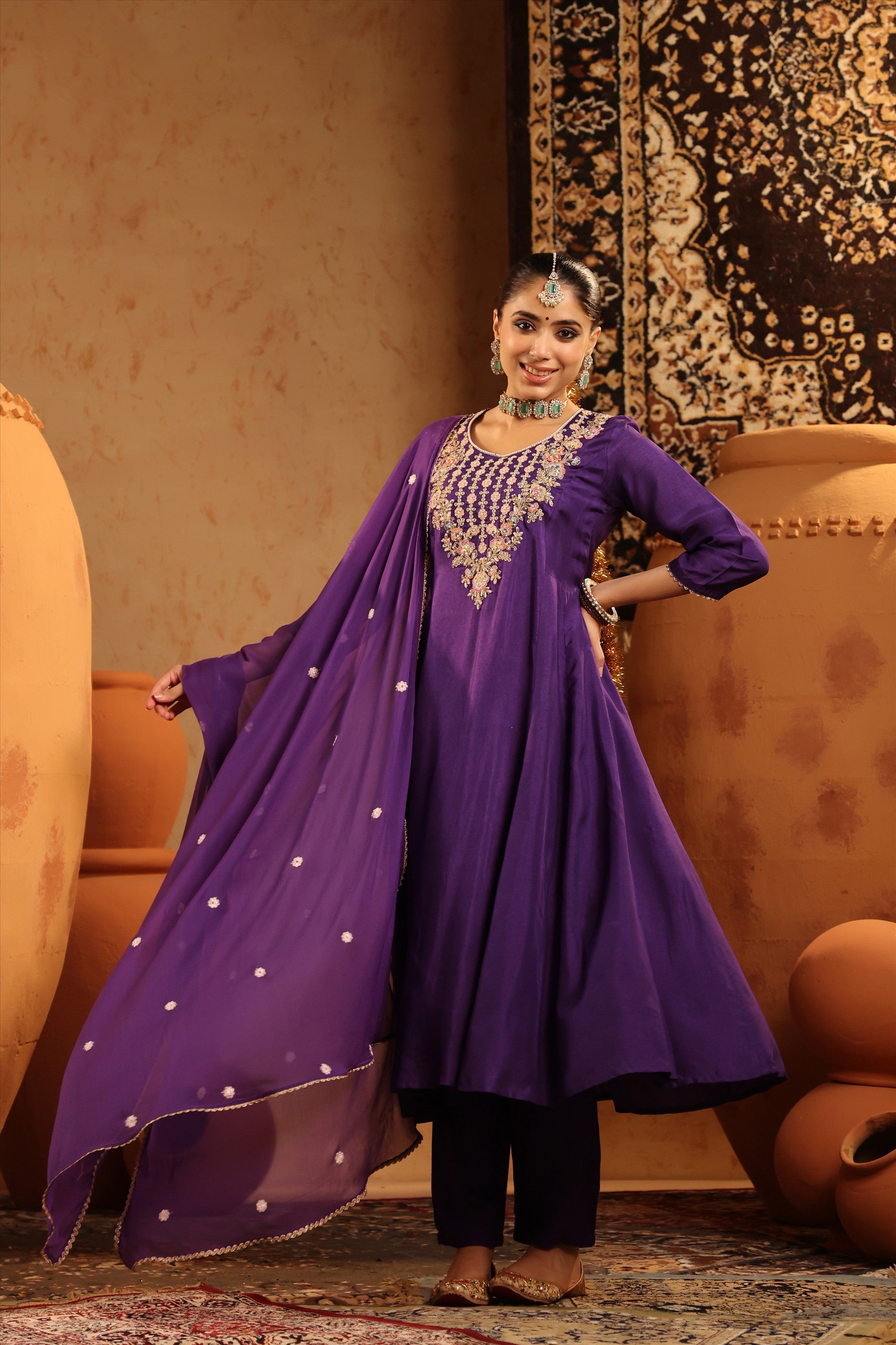 Purple Silk Embroidered-Handwork Anarkali Suit Set