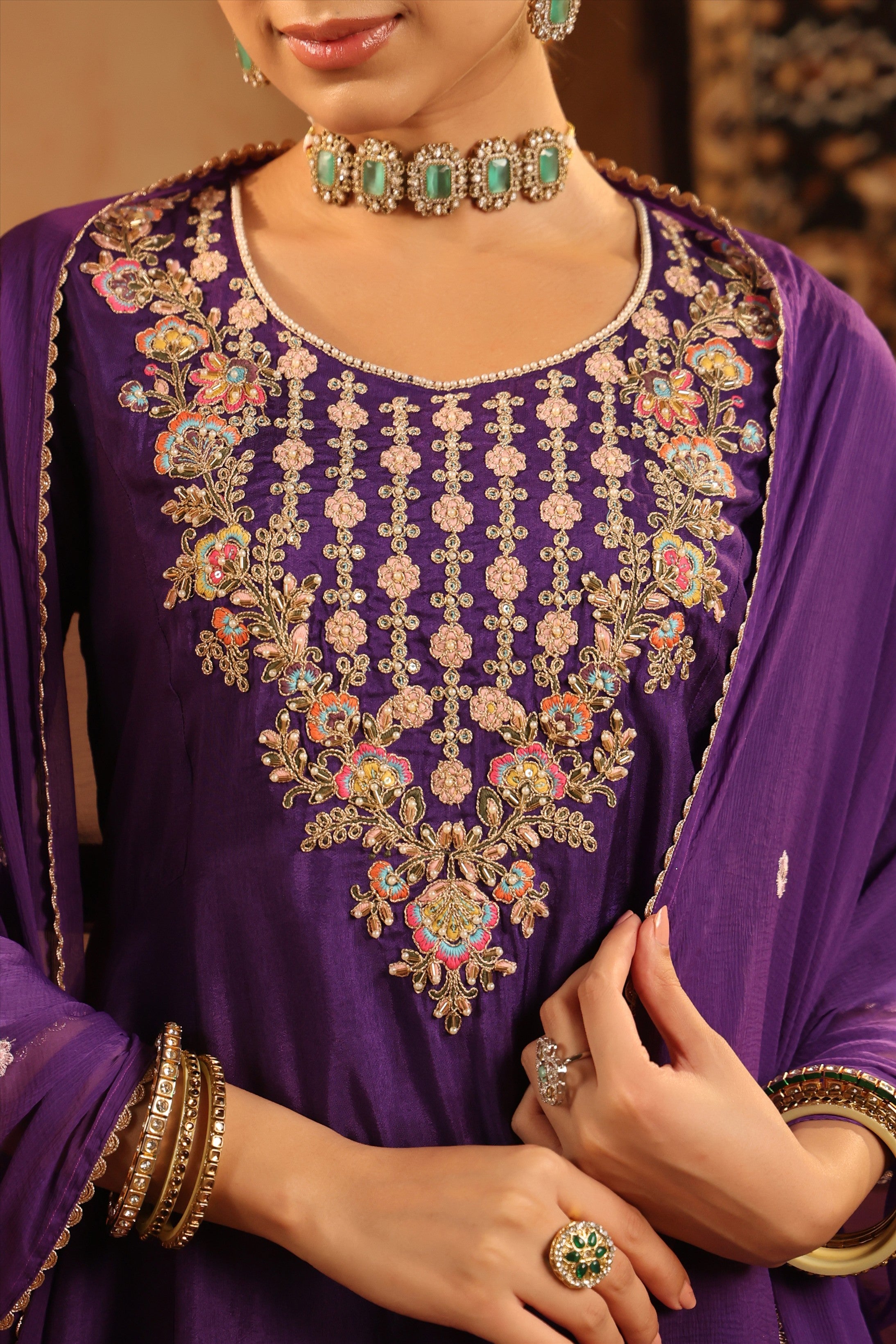 Purple Silk Embroidered-Handwork Anarkali Suit Set