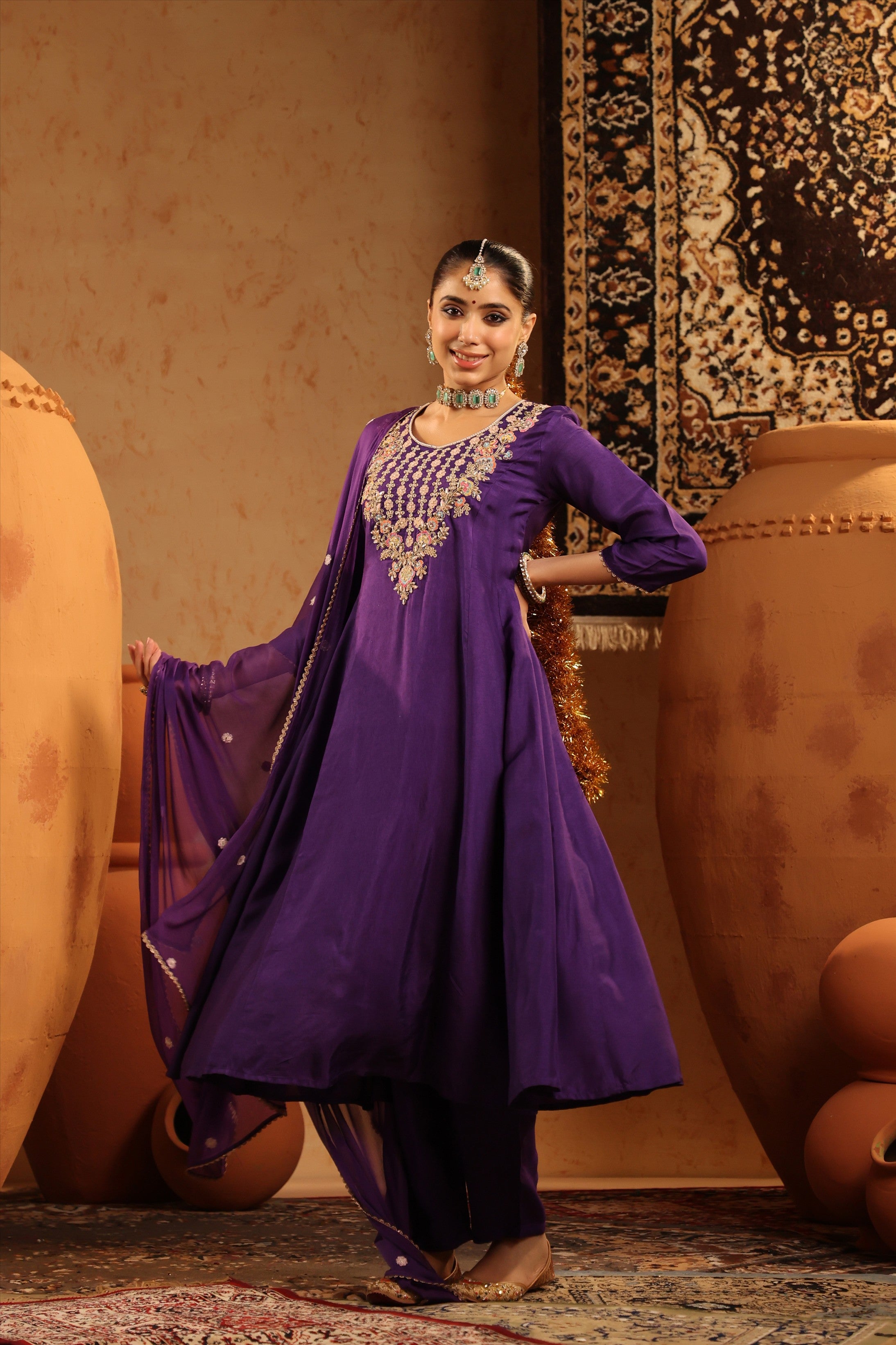 Purple Silk Embroidered-Handwork Anarkali Suit Set