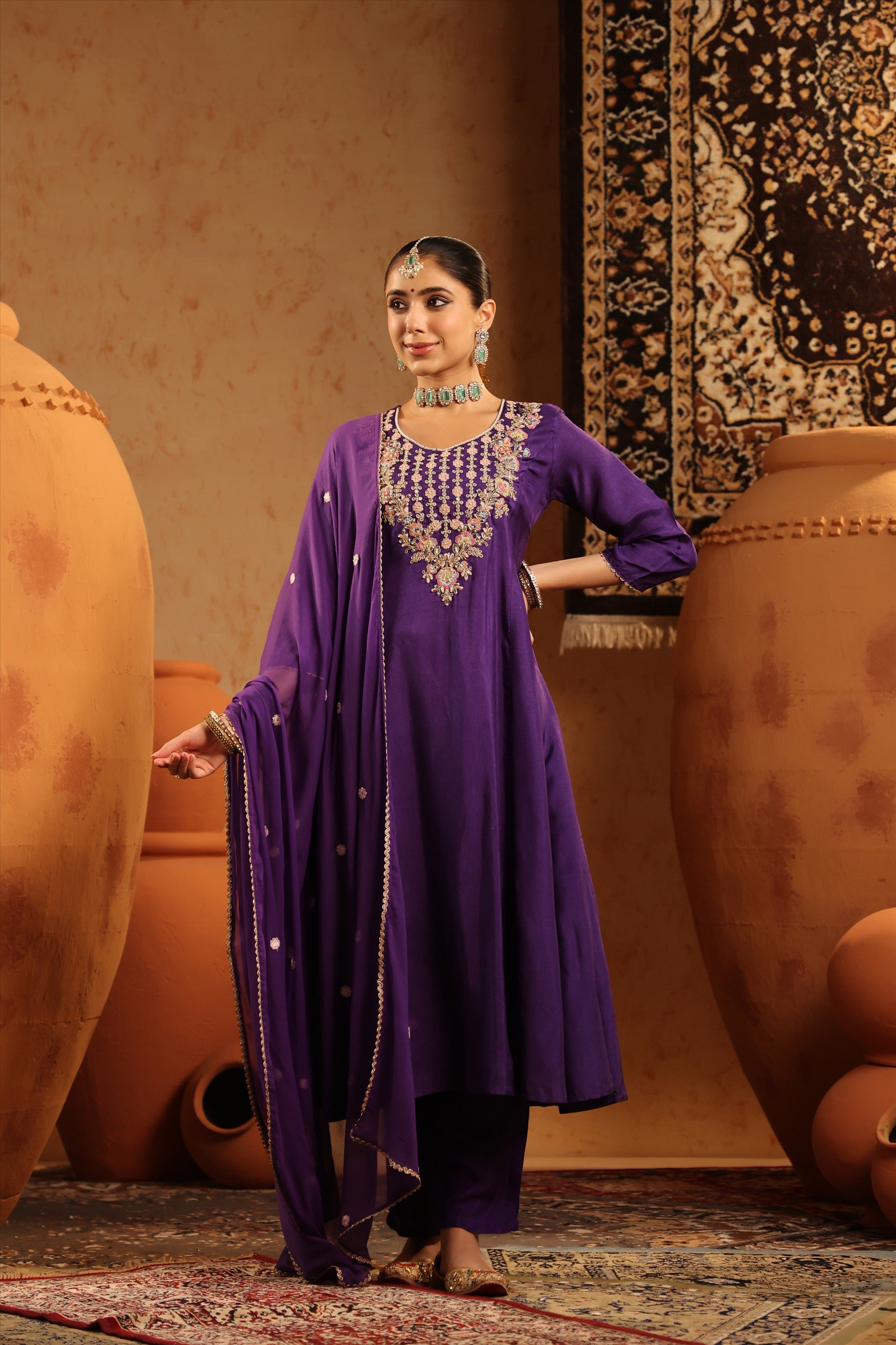 Purple Silk Embroidered-Handwork Anarkali Suit Set