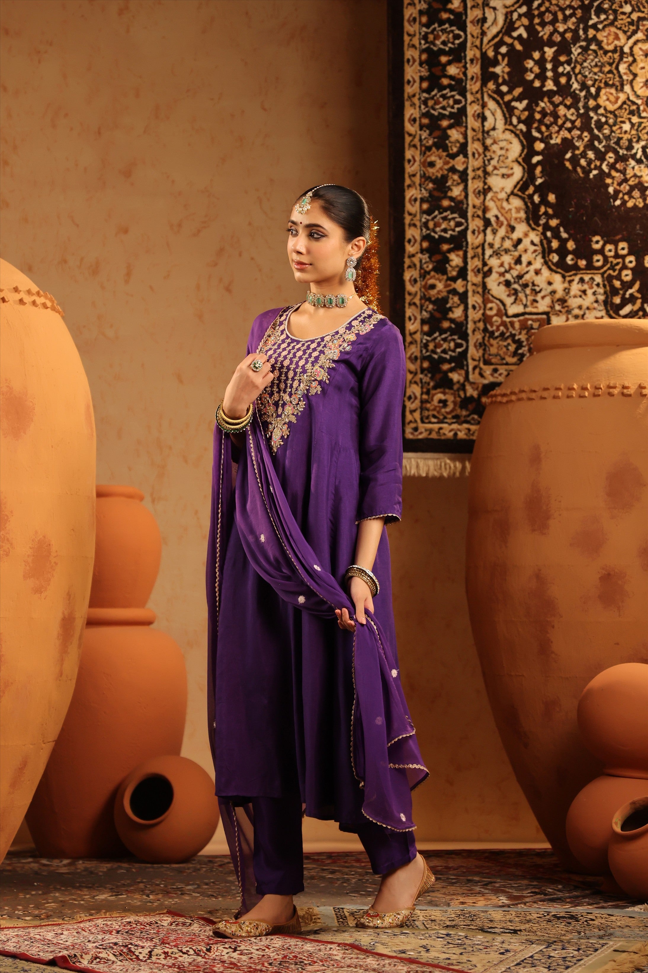 Purple Silk Embroidered-Handwork Anarkali Suit Set