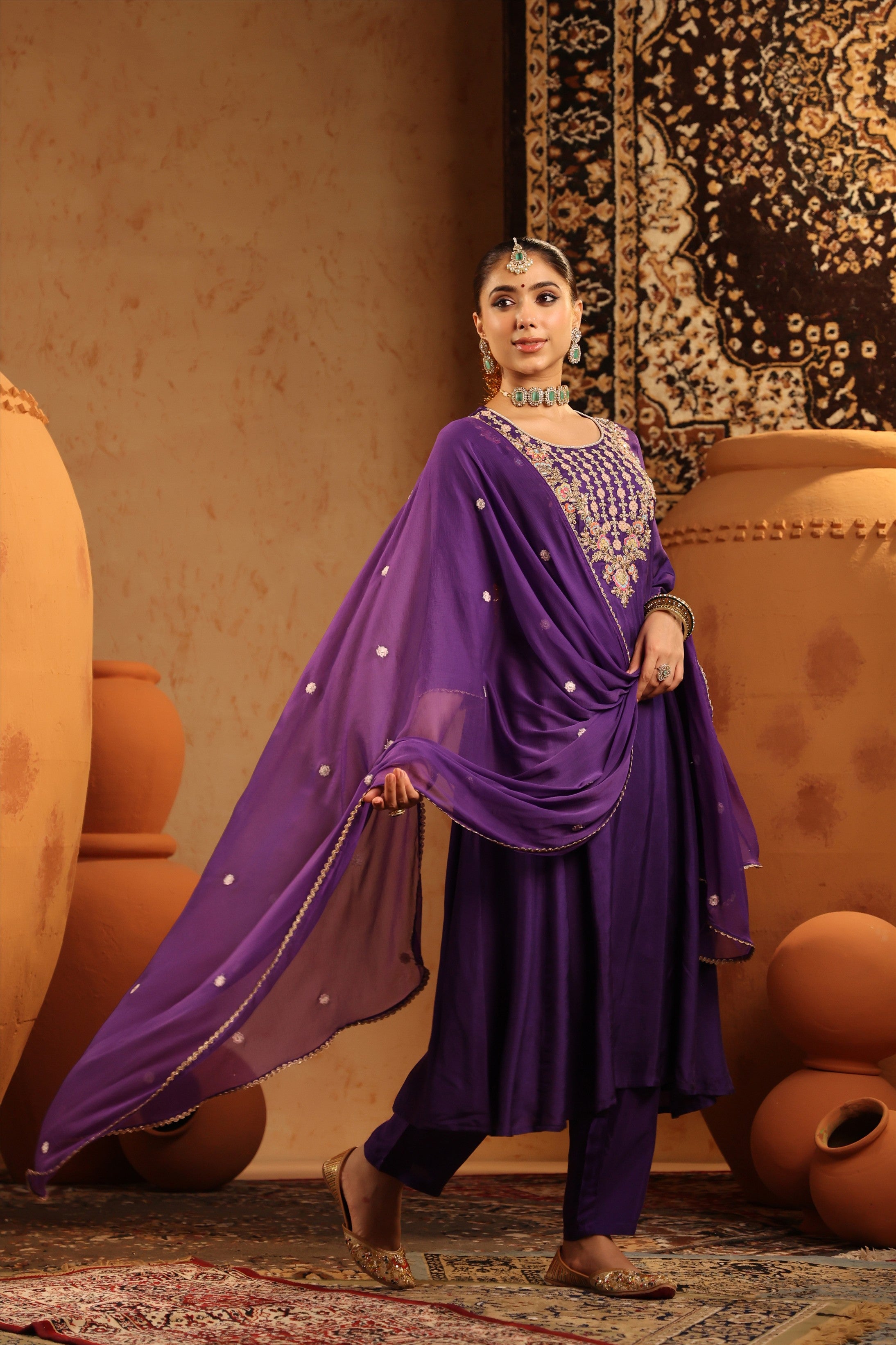 Purple Silk Embroidered-Handwork Anarkali Suit Set