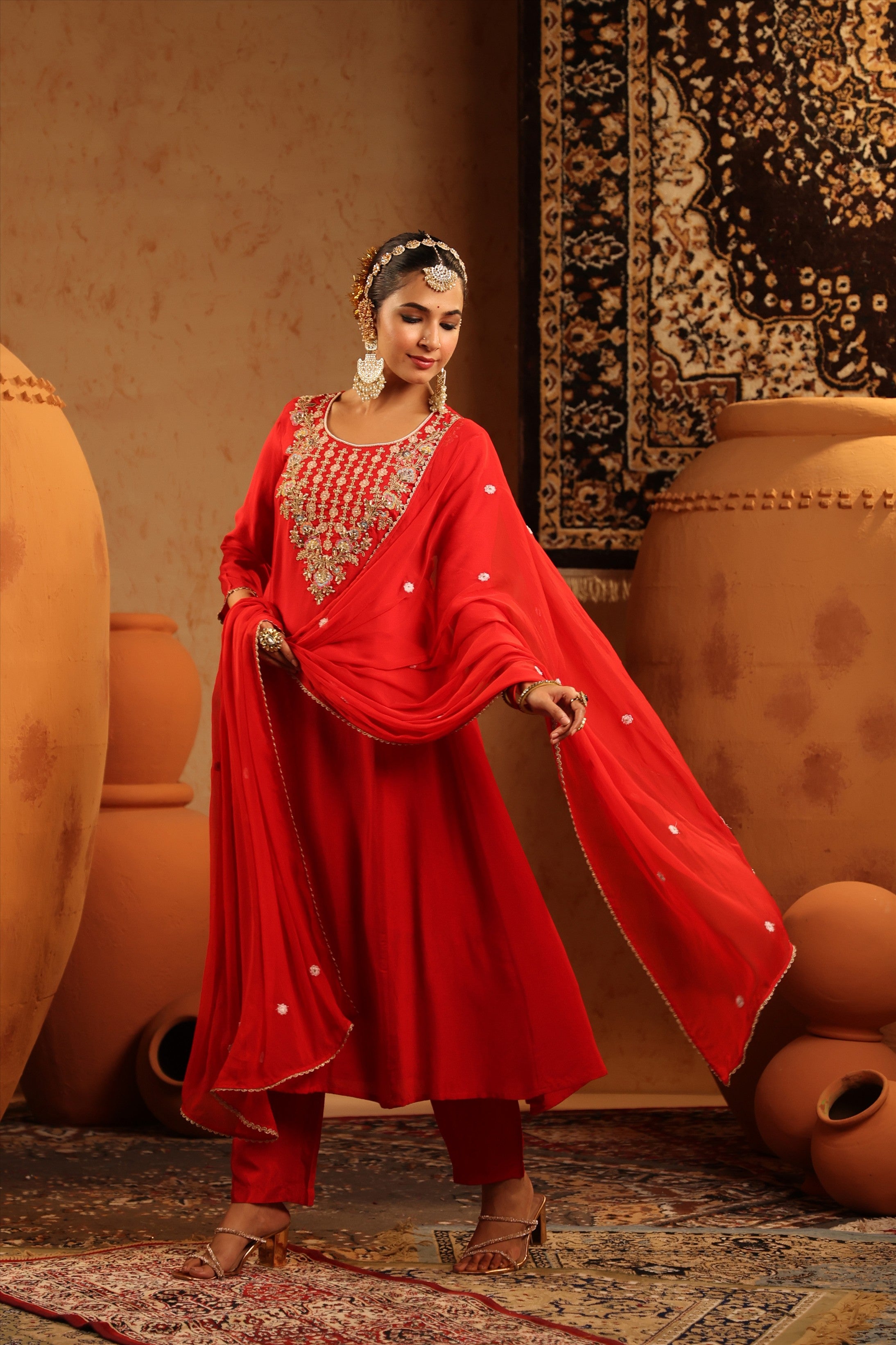 Red Silk Embroidered-Handwork Anarkali Suit Set
