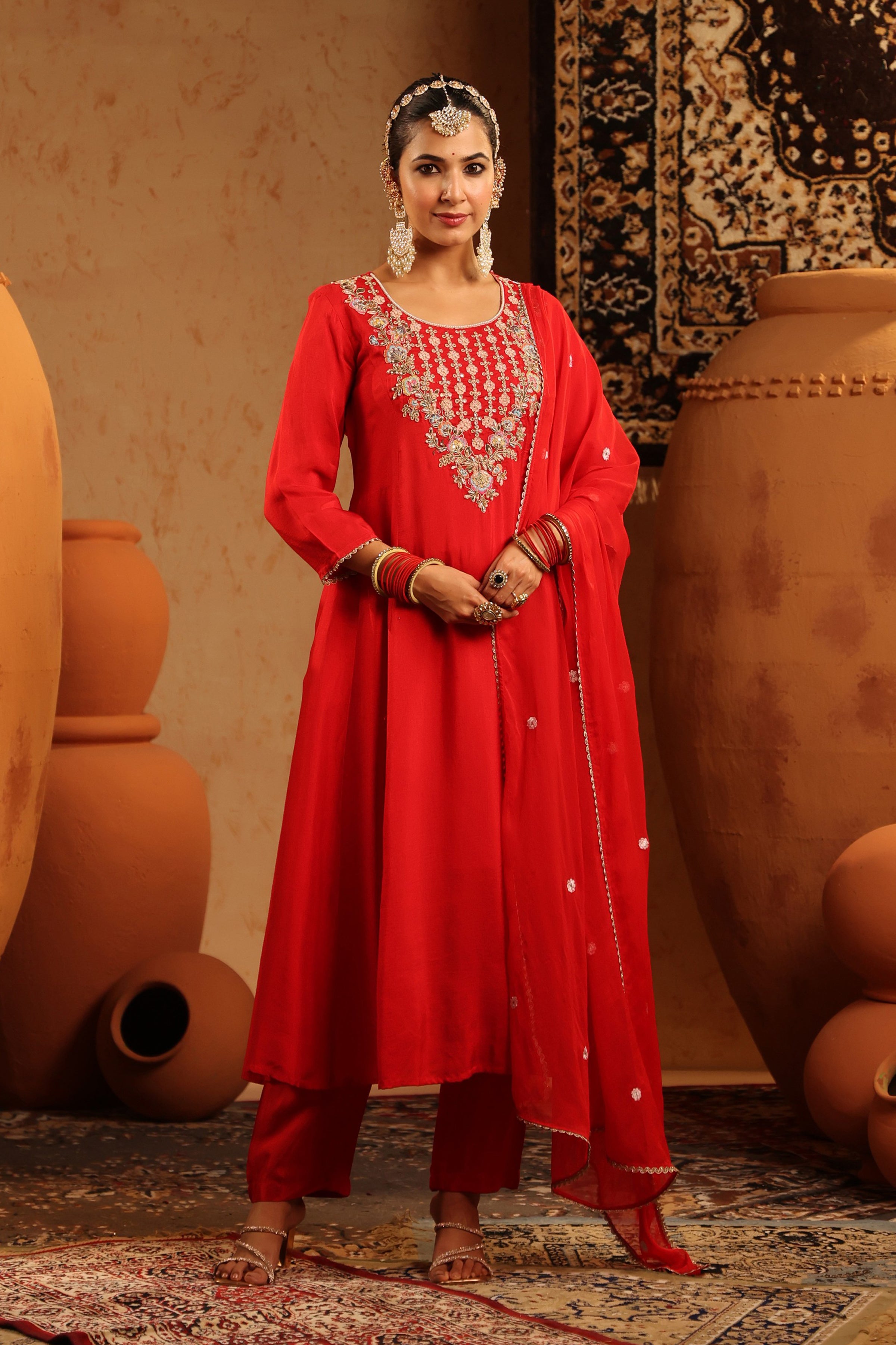 Red Silk Embroidered-Handwork Anarkali Suit Set
