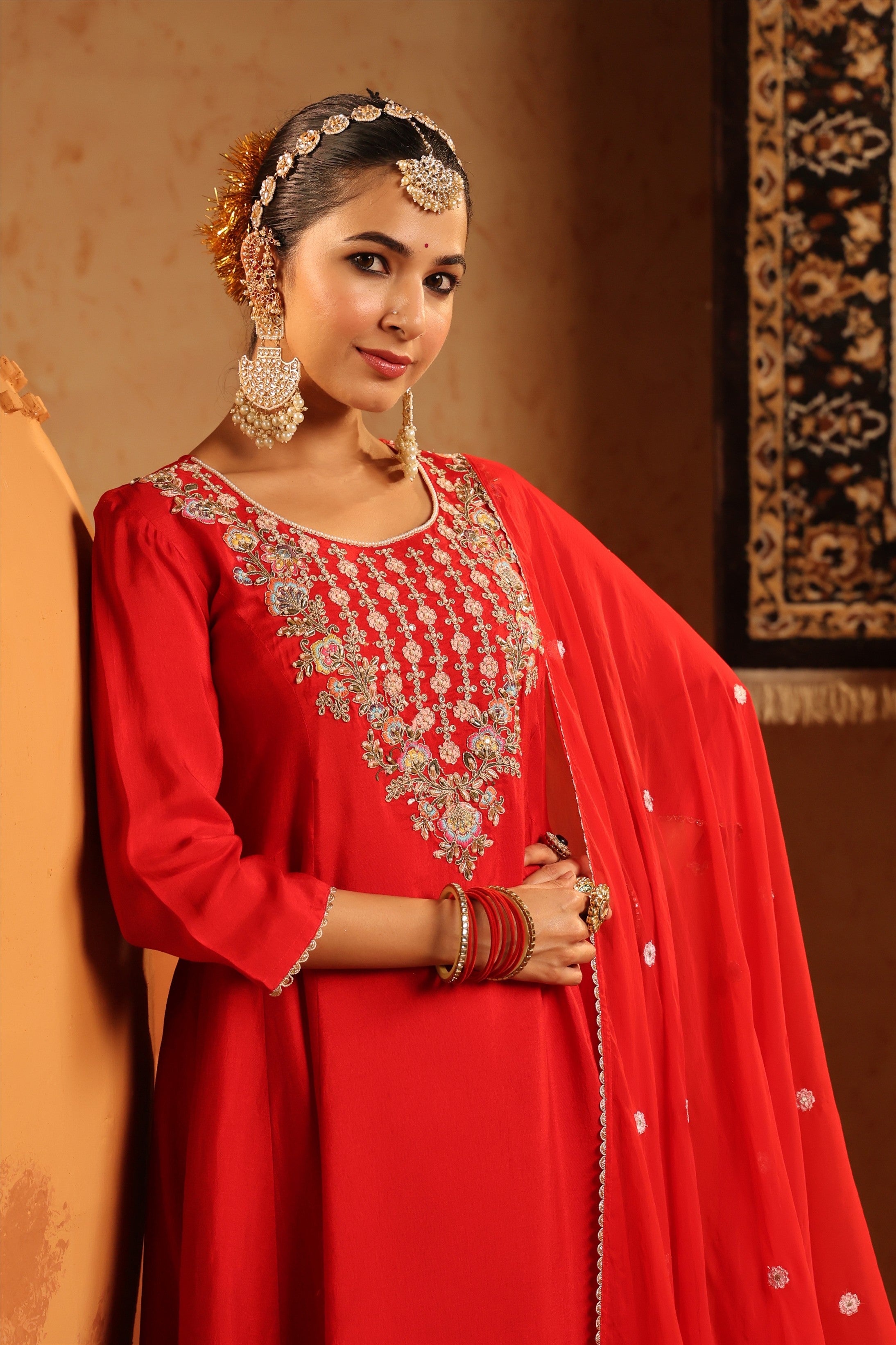 Red Silk Embroidered-Handwork Anarkali Suit Set