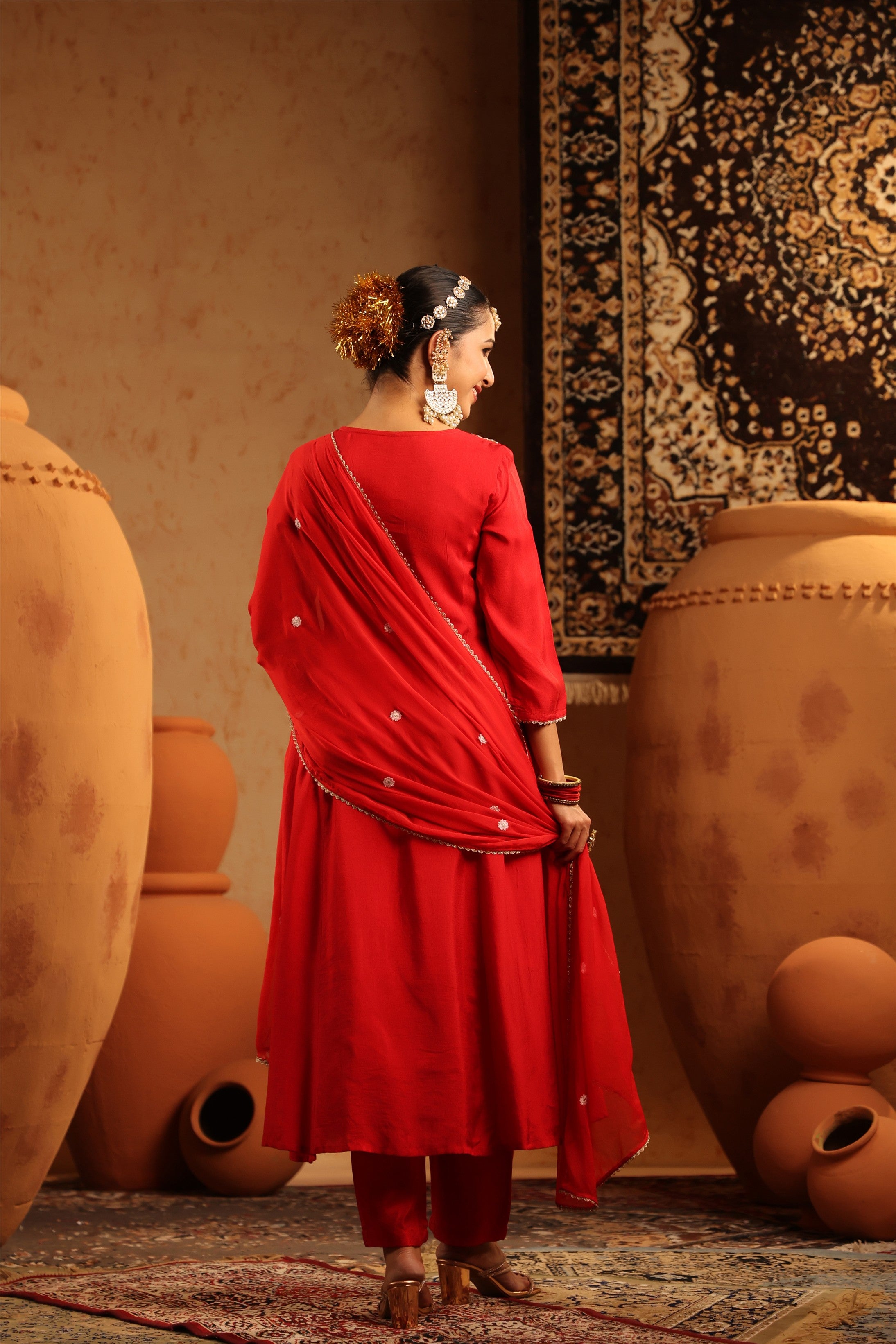 Red Silk Embroidered-Handwork Anarkali Suit Set