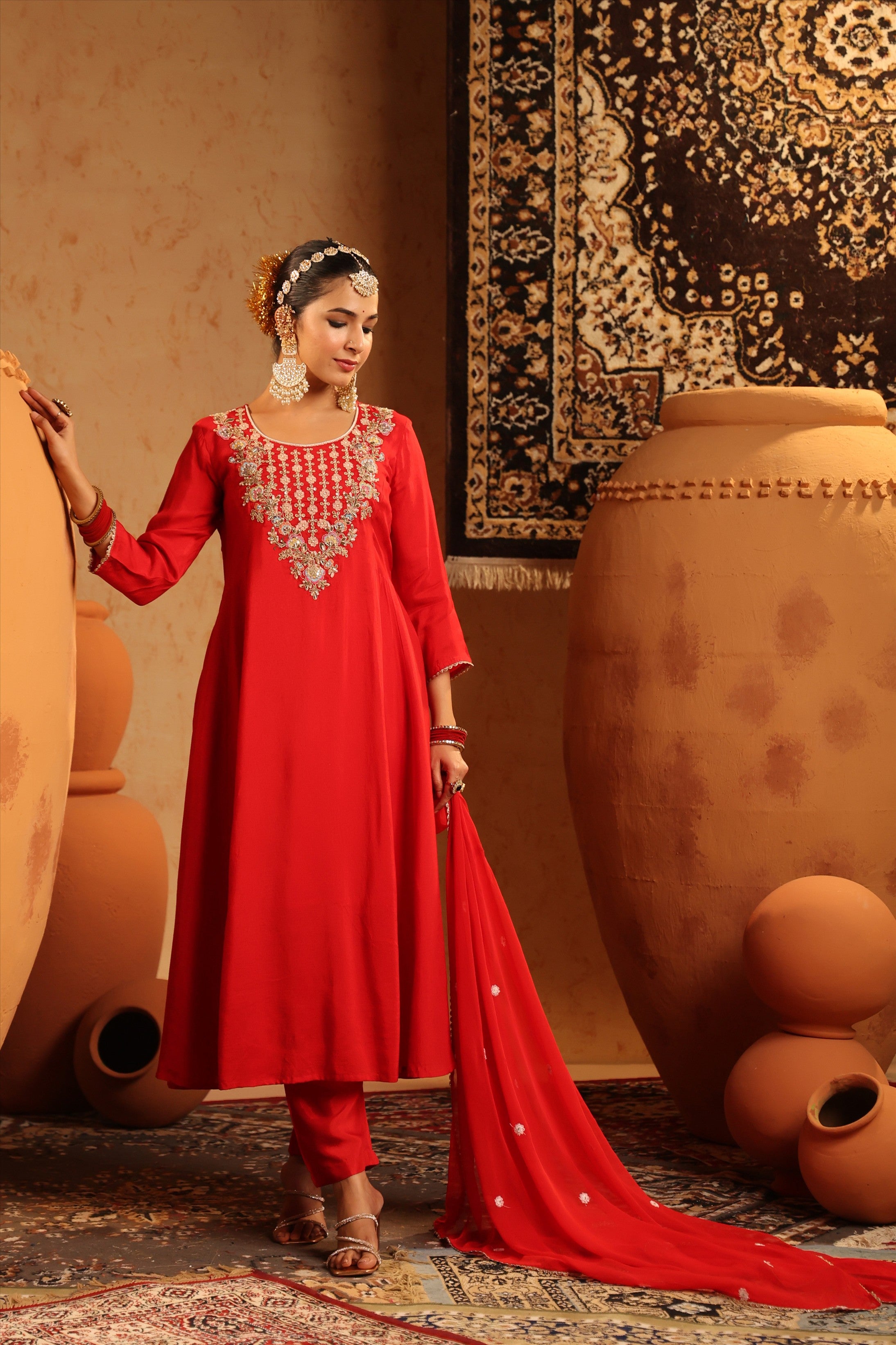 Red Silk Embroidered-Handwork Anarkali Suit Set