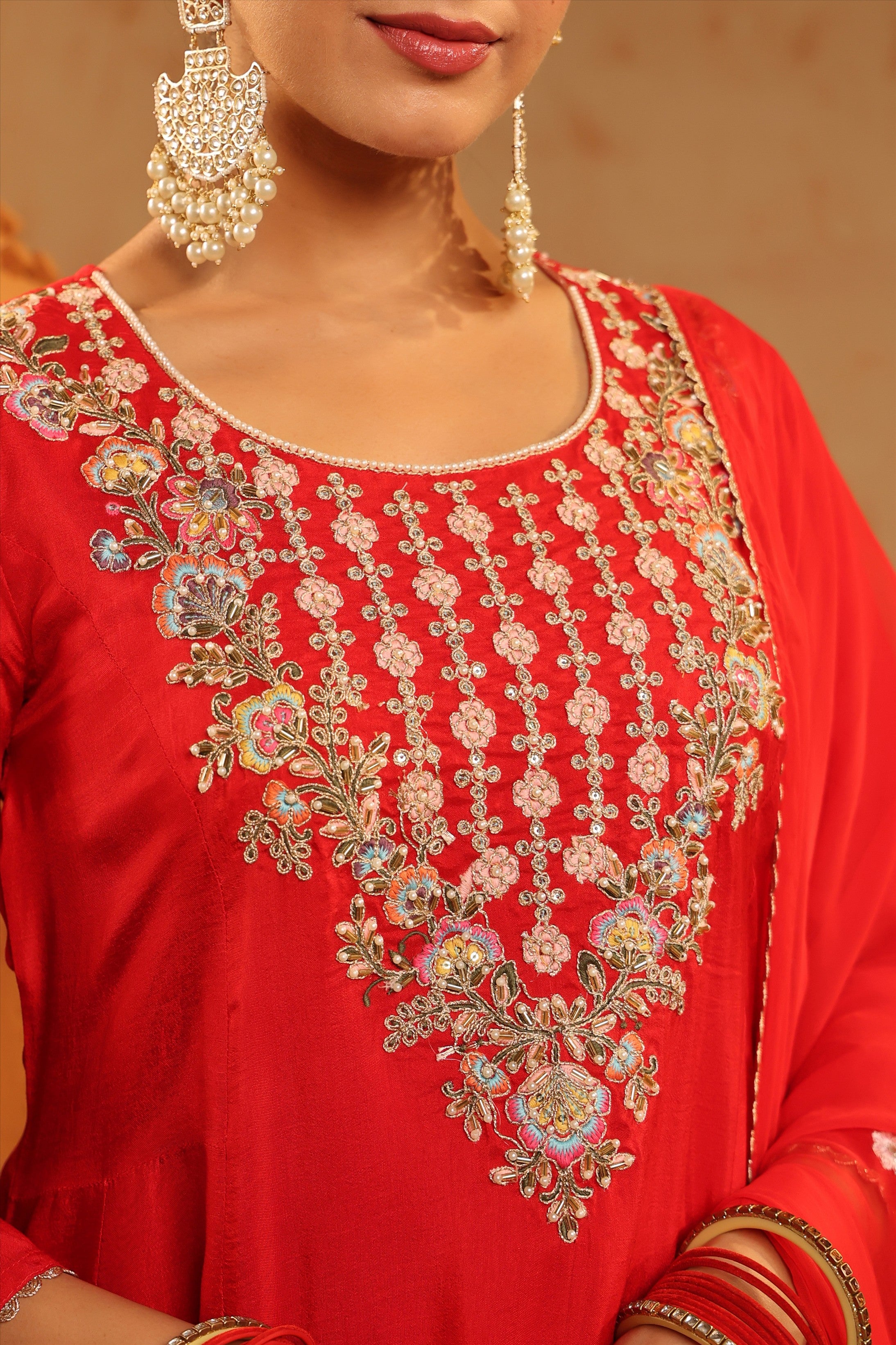 Red Silk Embroidered-Handwork Anarkali Suit Set