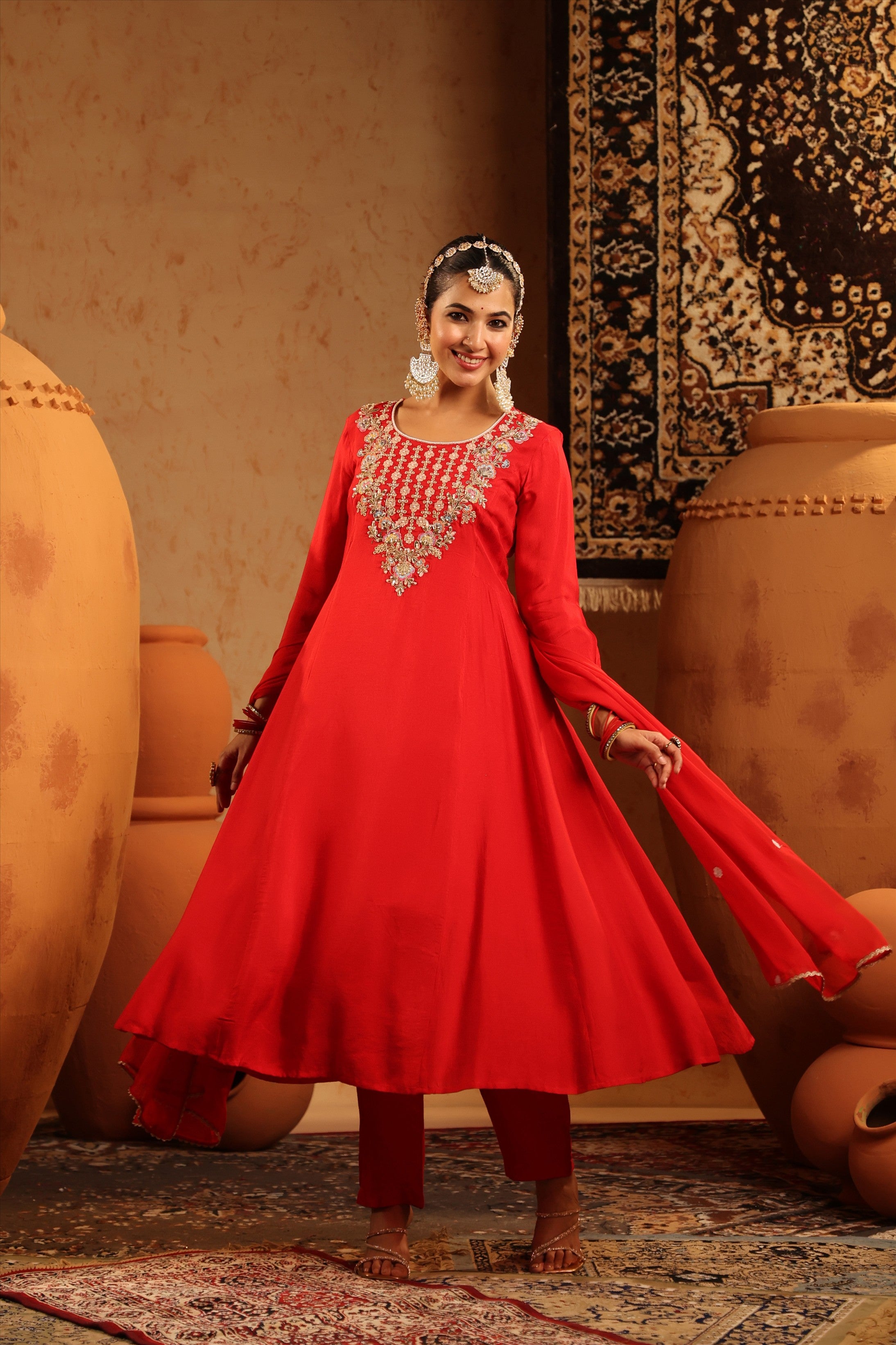 Red Silk Embroidered-Handwork Anarkali Suit Set