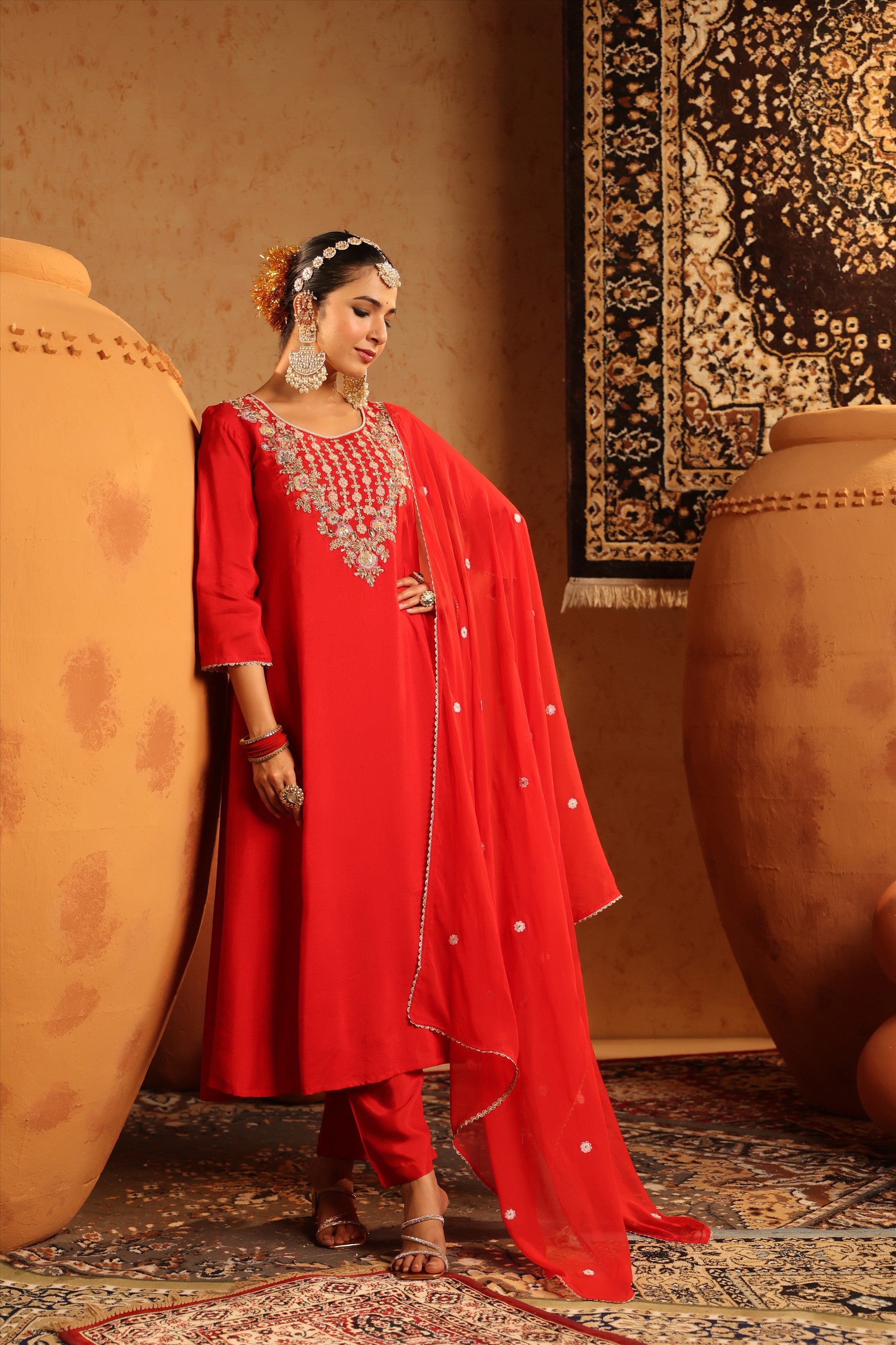 Red Silk Embroidered-Handwork Anarkali Suit Set