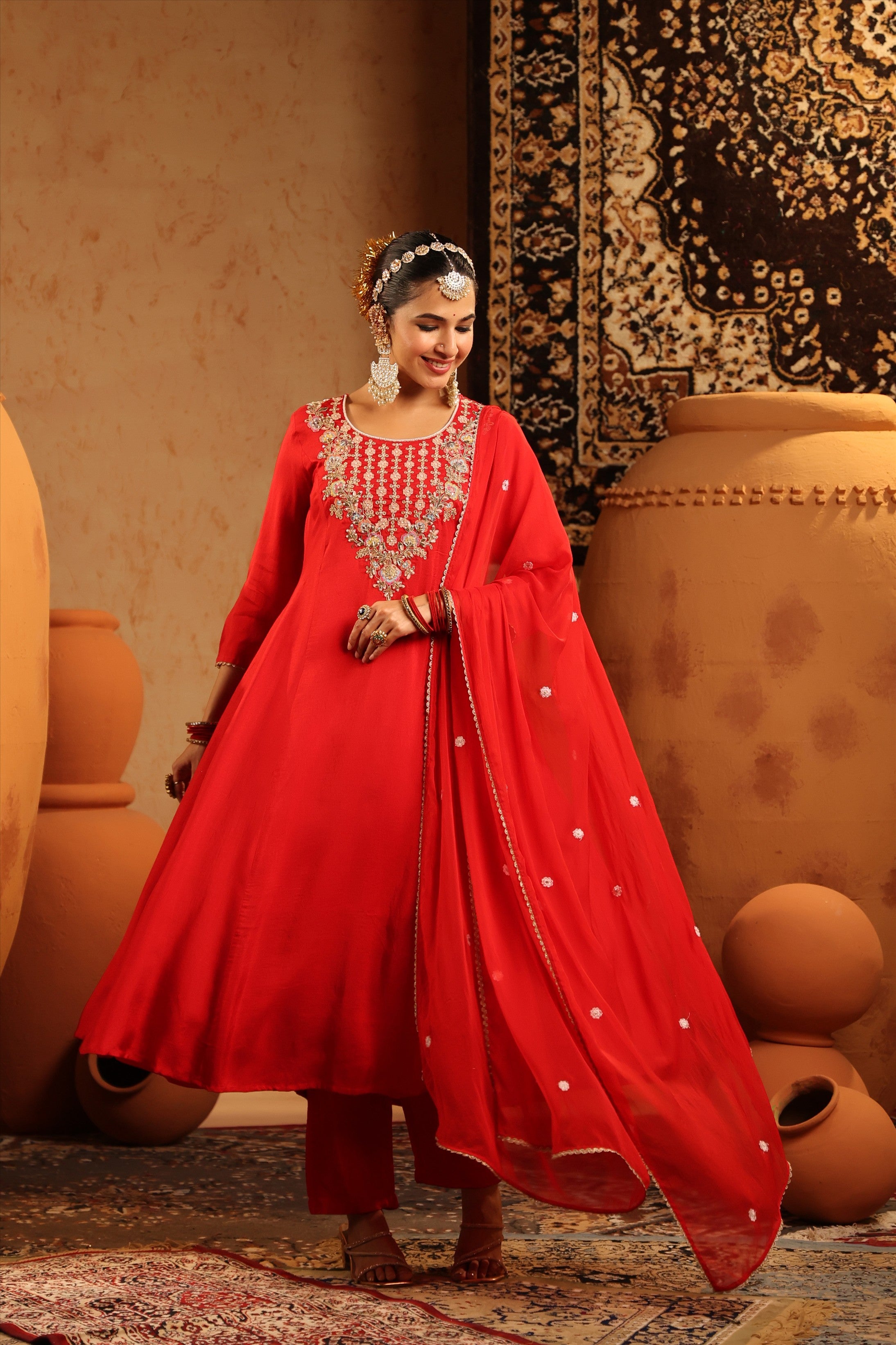 Red Silk Embroidered-Handwork Anarkali Suit Set