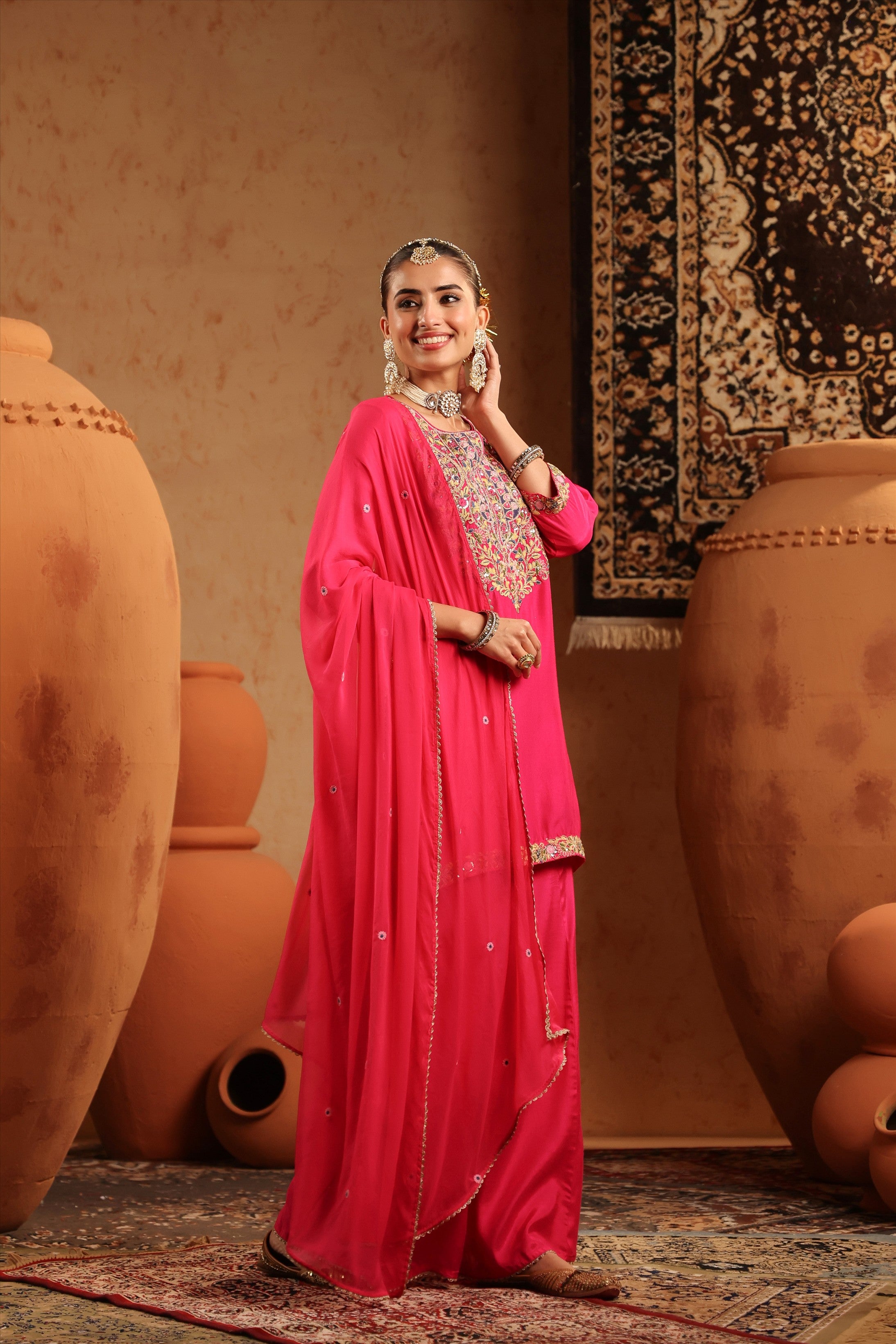 Fuchsia Silk Embroidered-Handwork Sharara Set