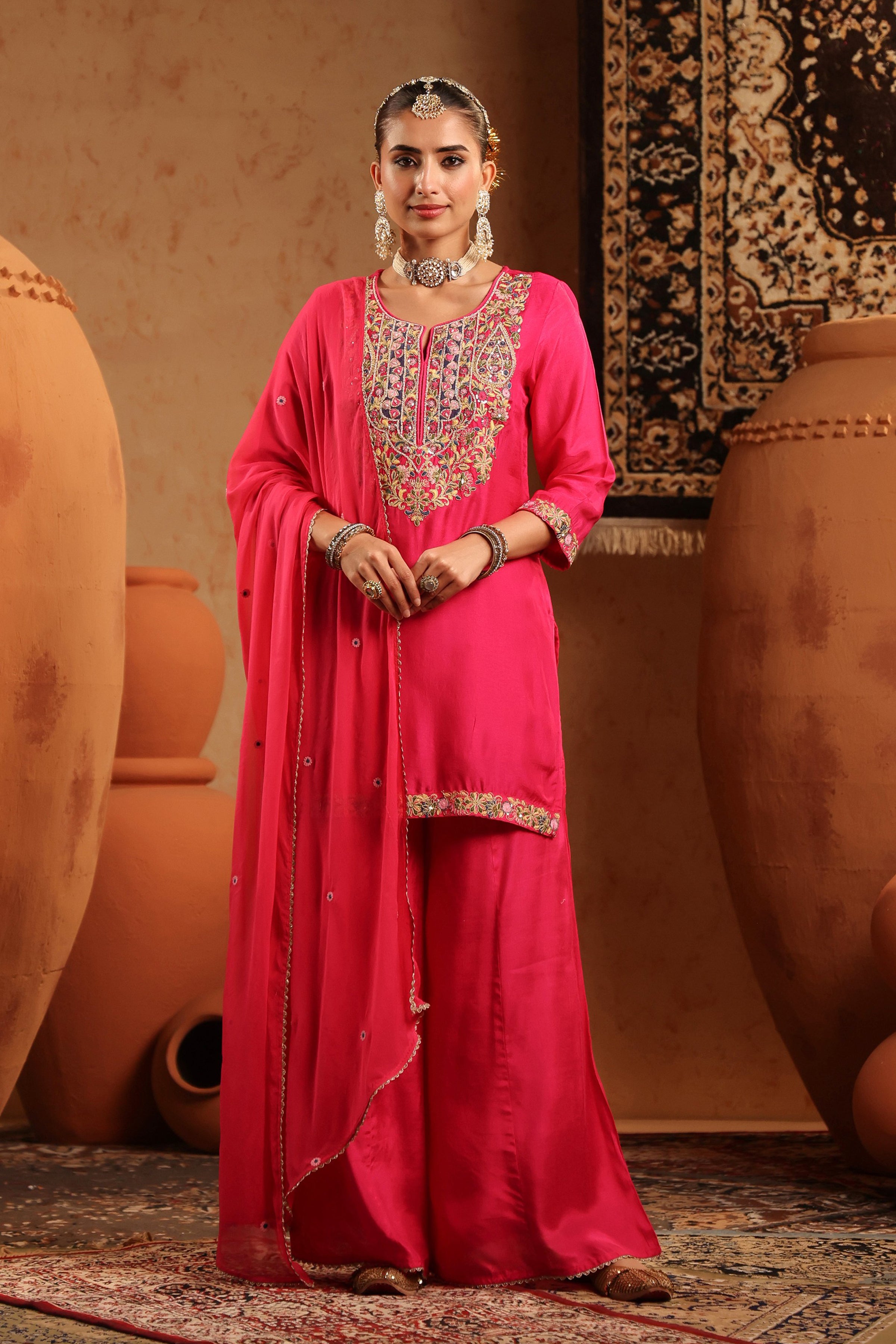 Fuchsia Silk Embroidered-Handwork Sharara Set