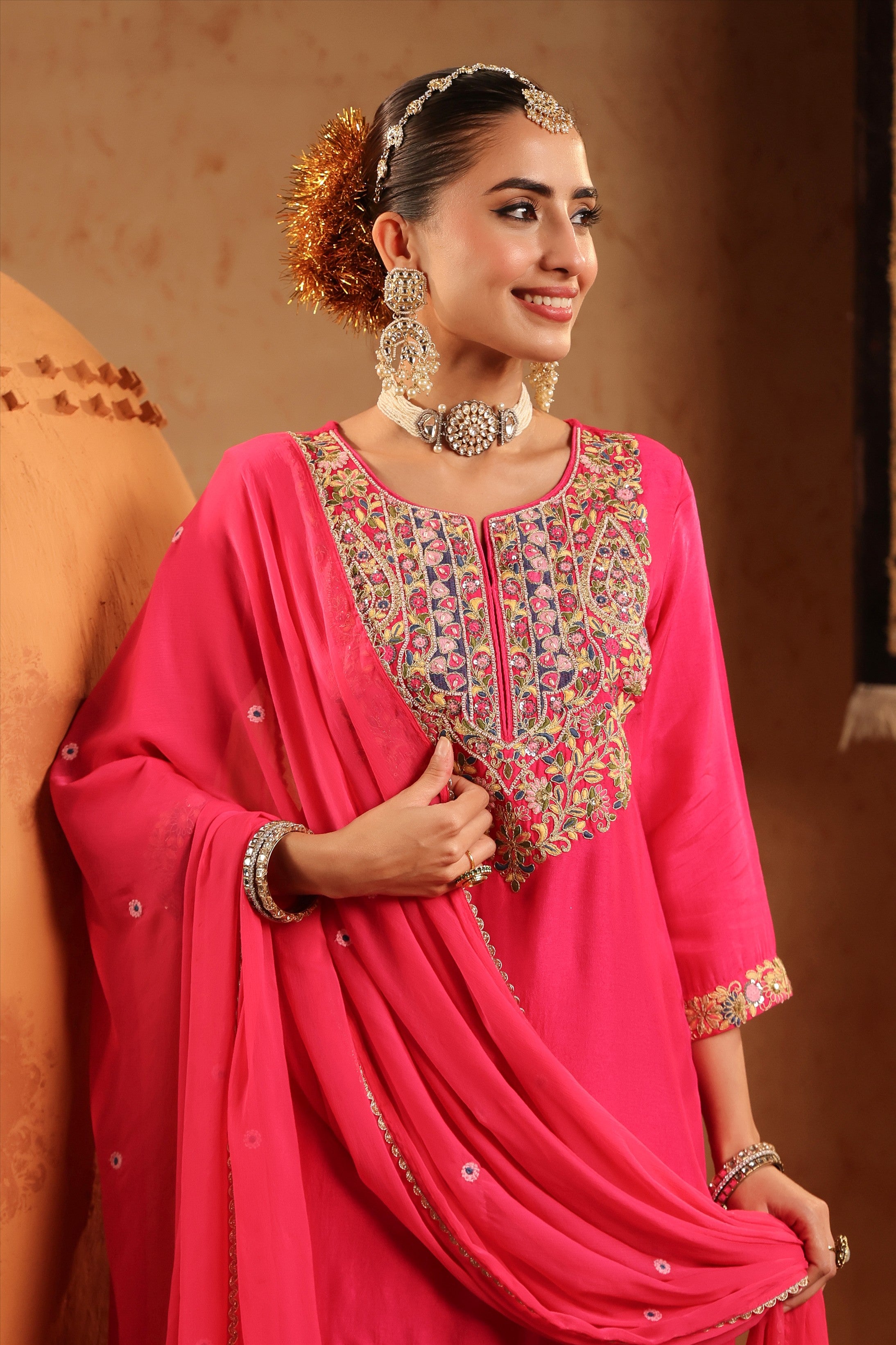 Fuchsia Silk Embroidered-Handwork Sharara Set