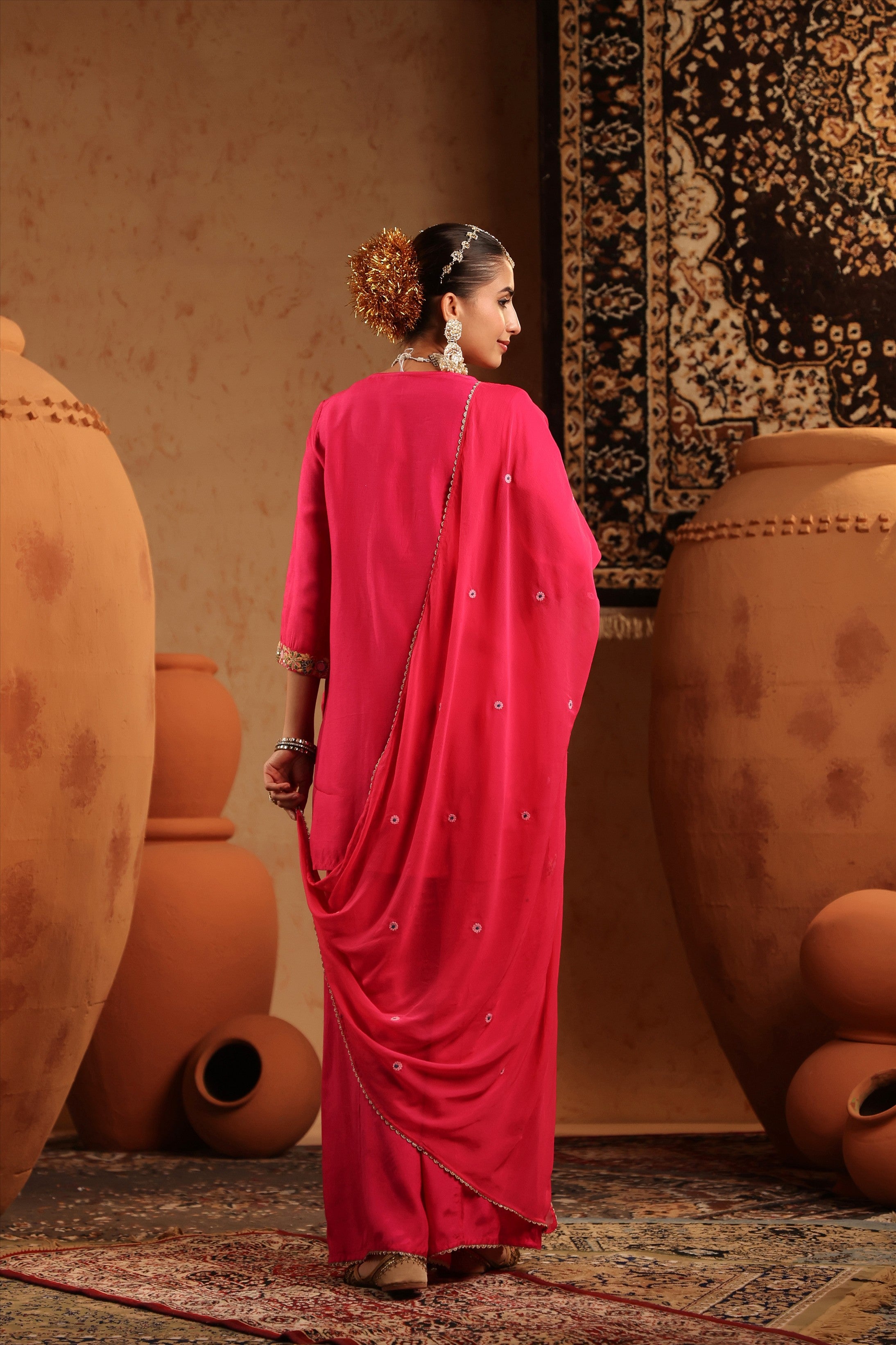 Fuchsia Silk Embroidered-Handwork Sharara Set