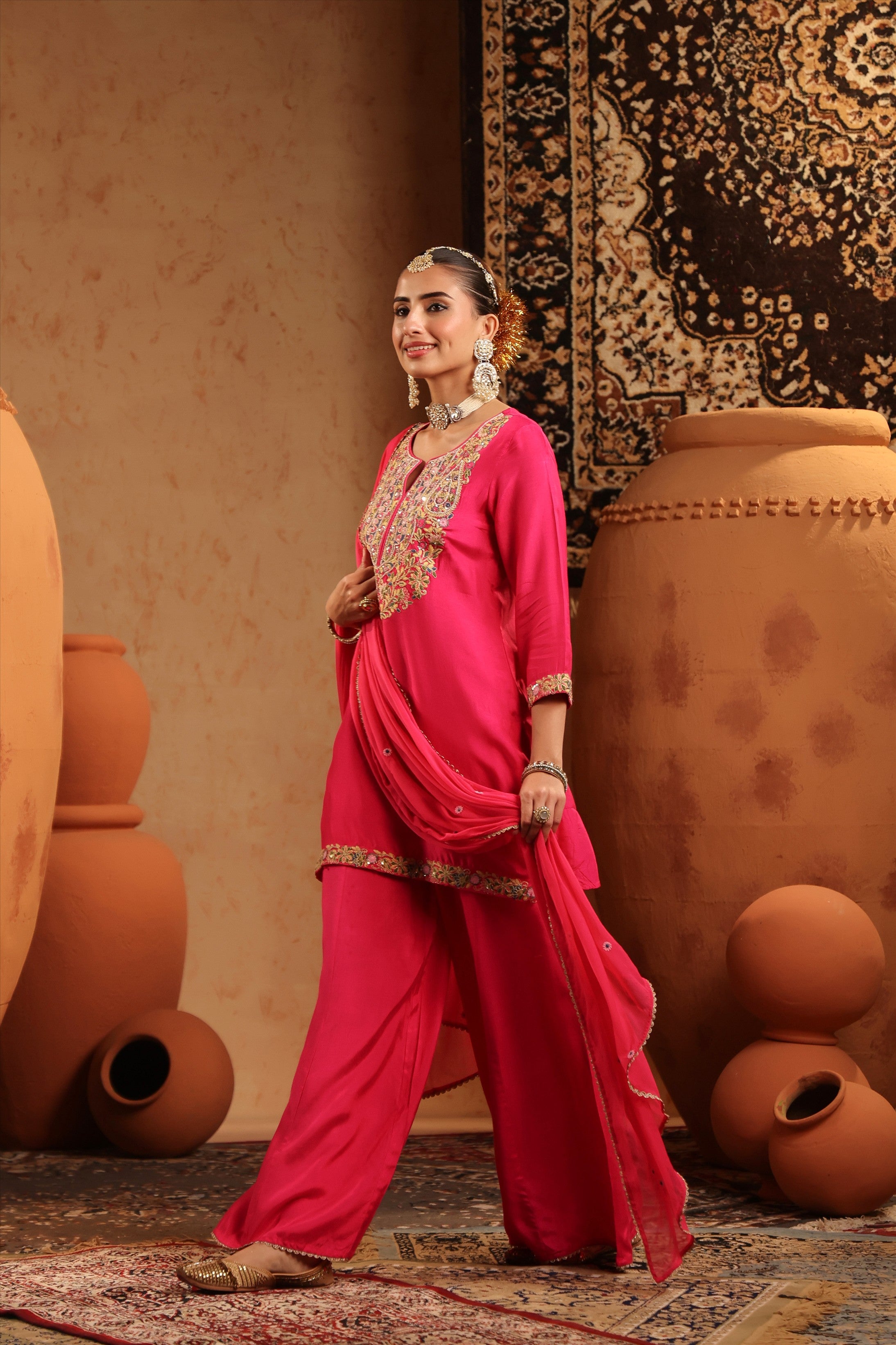 Fuchsia Silk Embroidered-Handwork Sharara Set