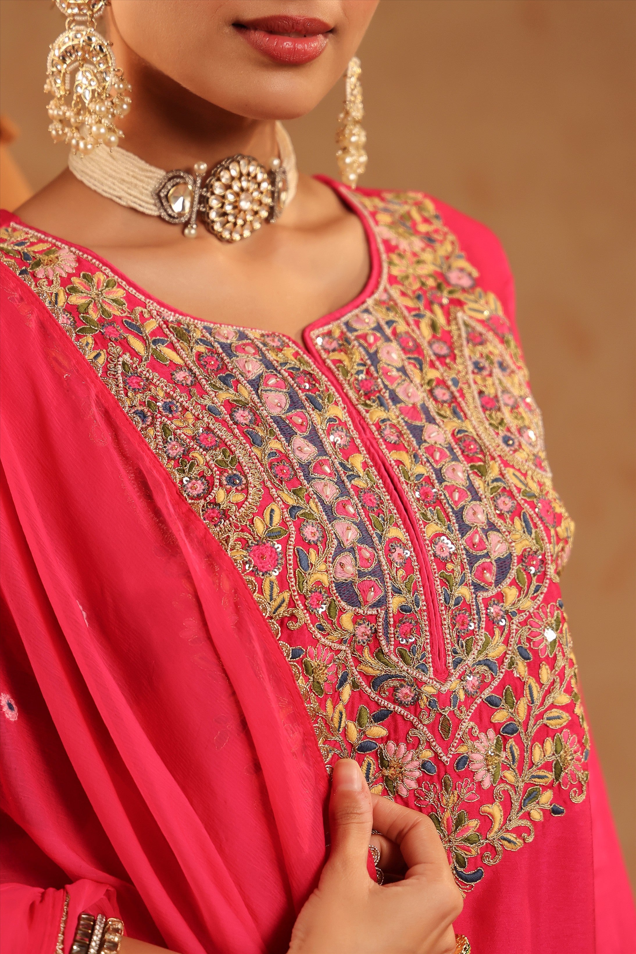 Fuchsia Silk Embroidered-Handwork Sharara Set