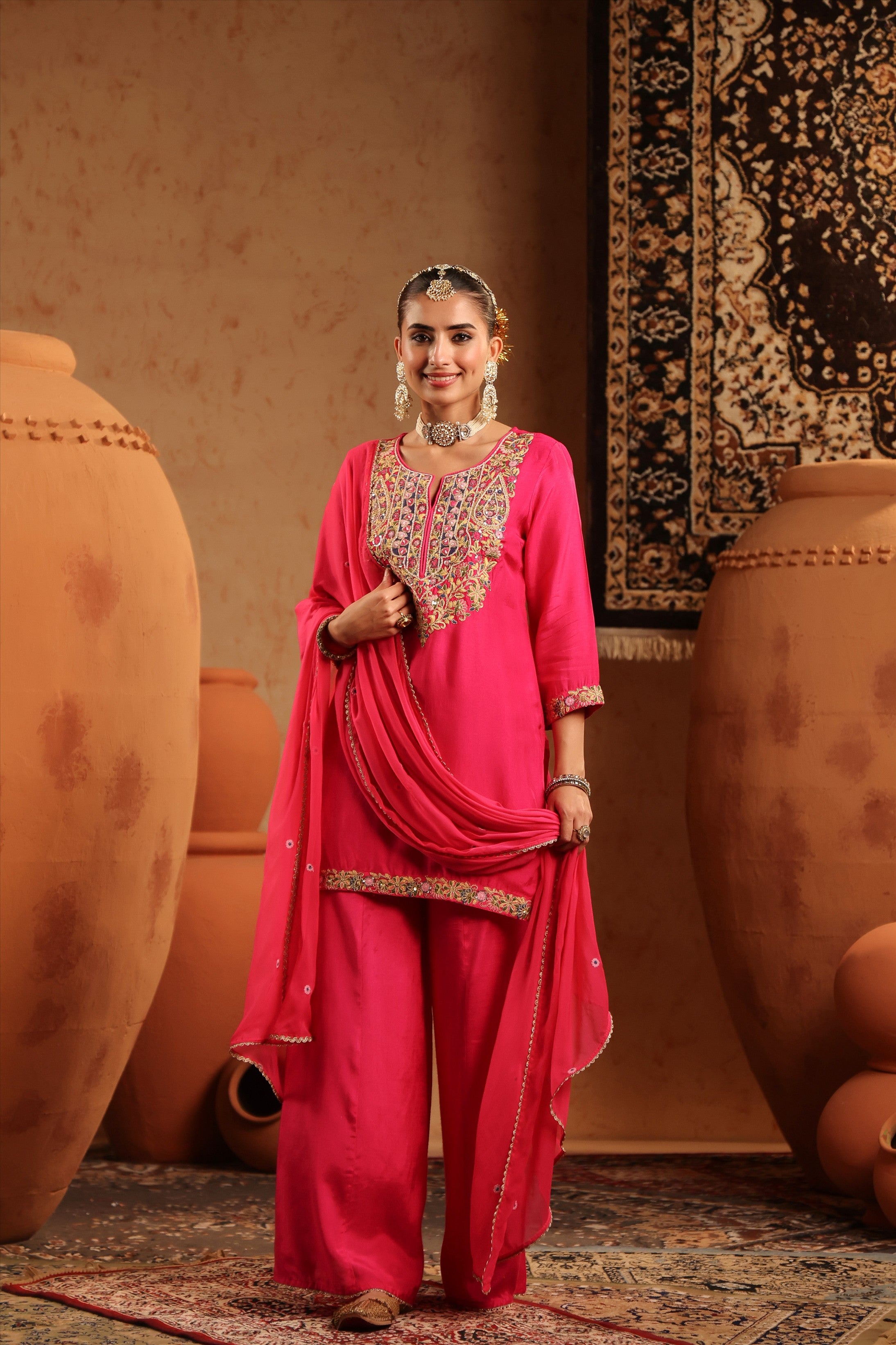 Fuchsia Silk Embroidered-Handwork Sharara Set