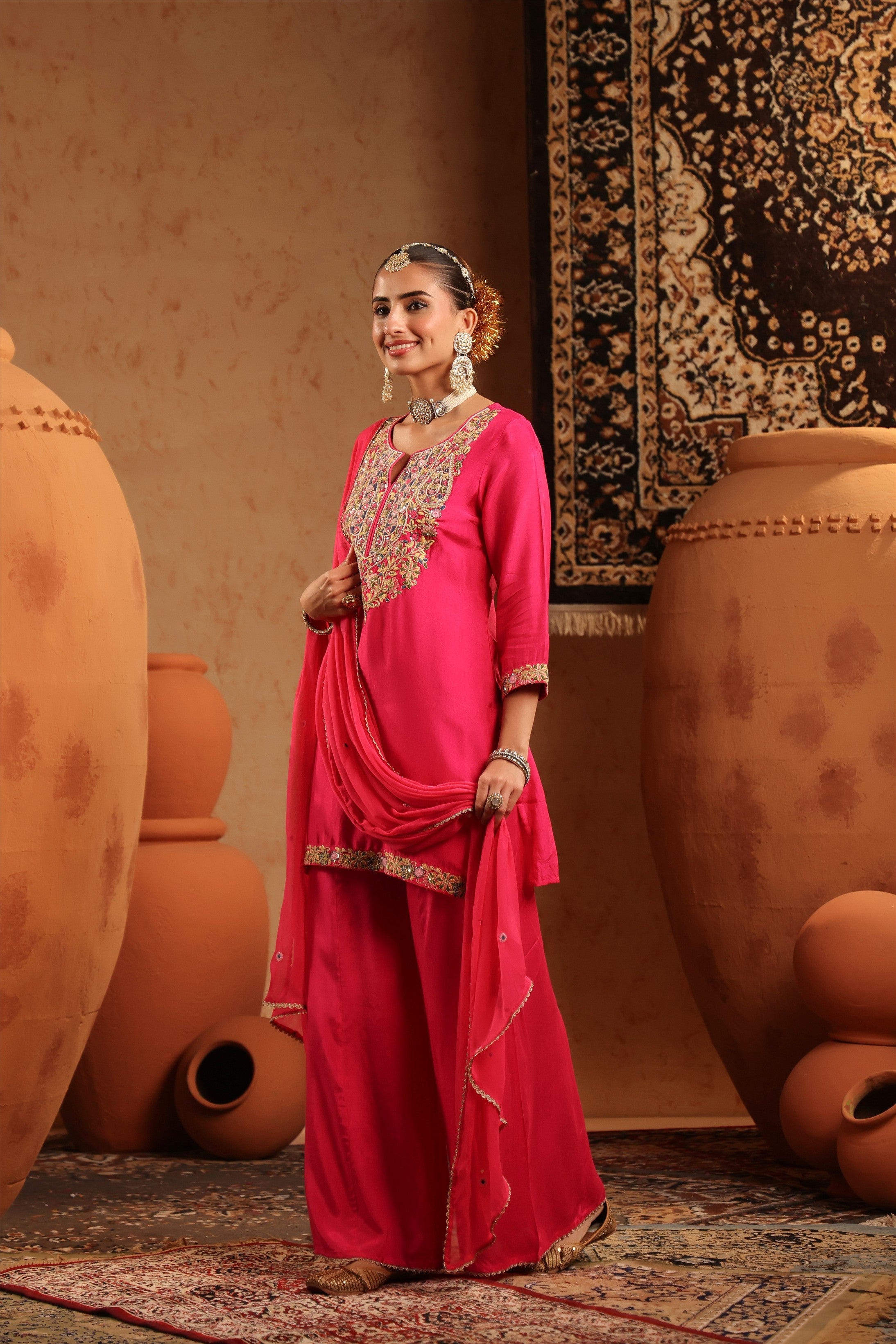 Fuchsia Silk Embroidered-Handwork Sharara Set