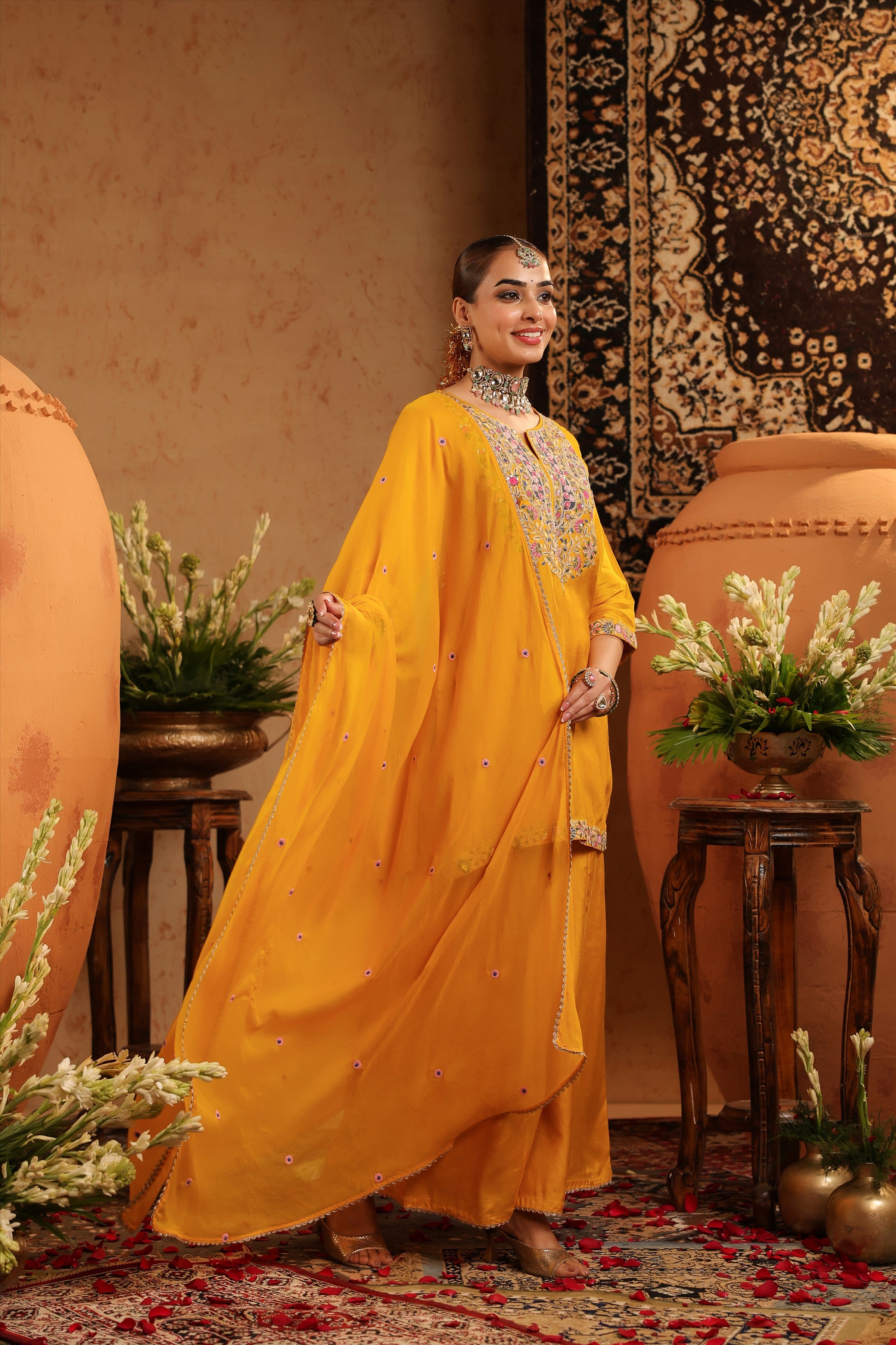 Mustard Silk Embroidered-Handwork Sharara Set