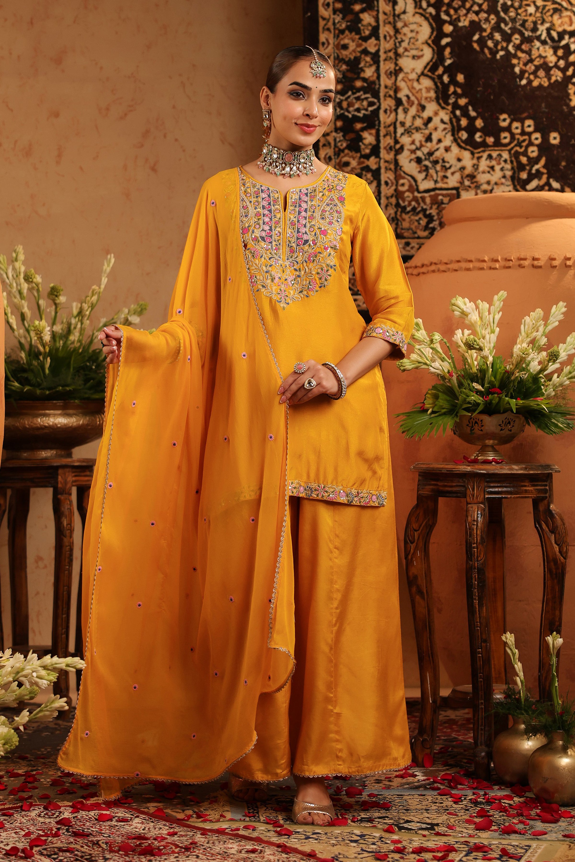 Mustard Silk Embroidered-Handwork Sharara Set