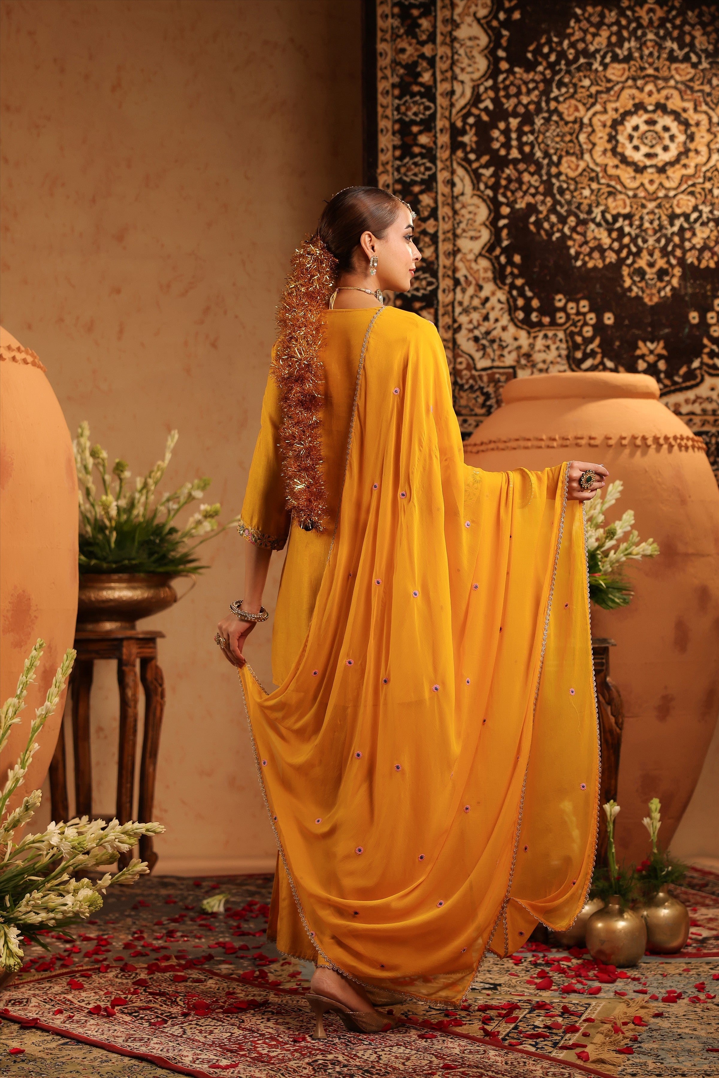 Mustard Silk Embroidered-Handwork Sharara Set