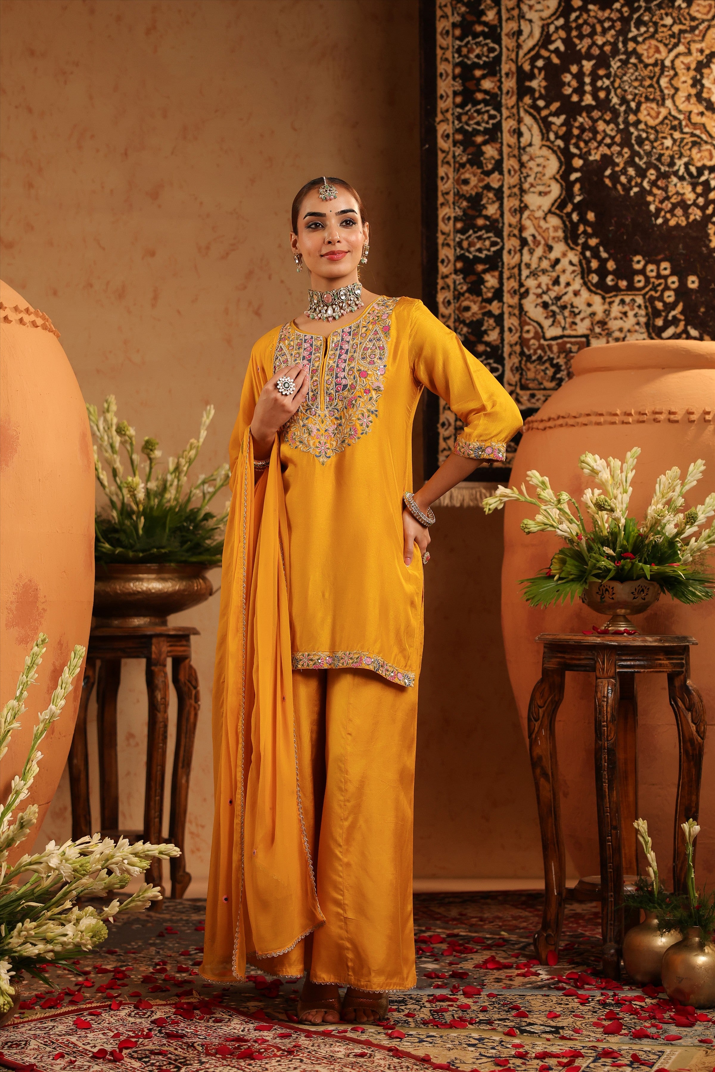 Mustard Silk Embroidered-Handwork Sharara Set