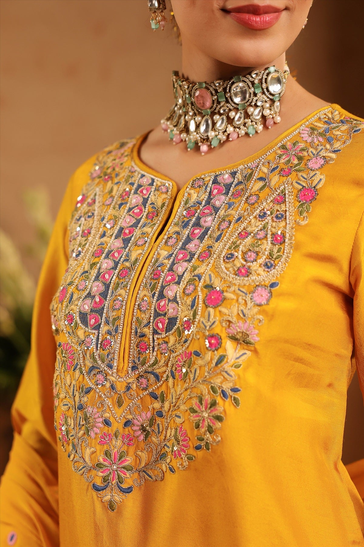 Mustard Silk Embroidered-Handwork Sharara Set