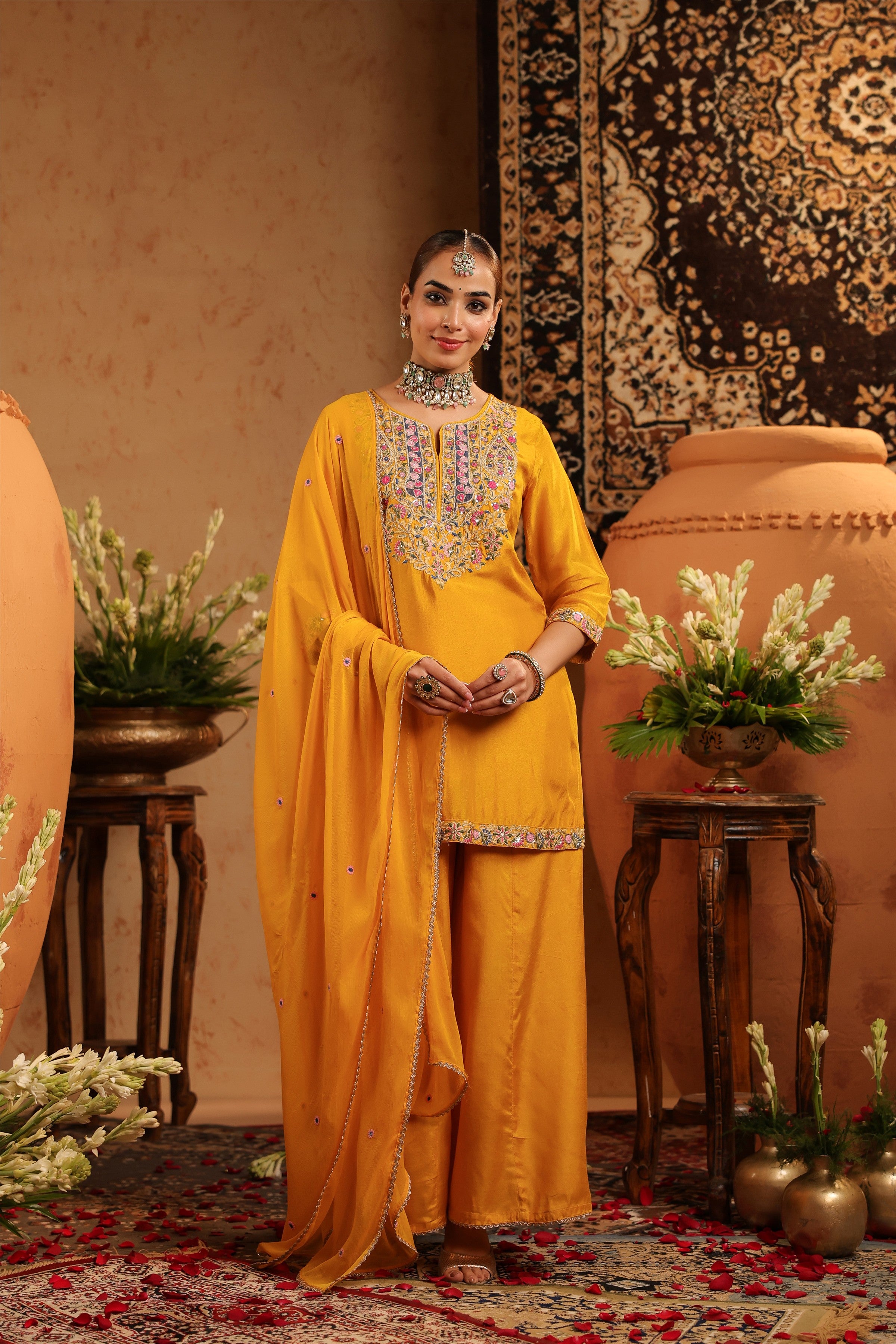 Mustard Silk Embroidered-Handwork Sharara Set
