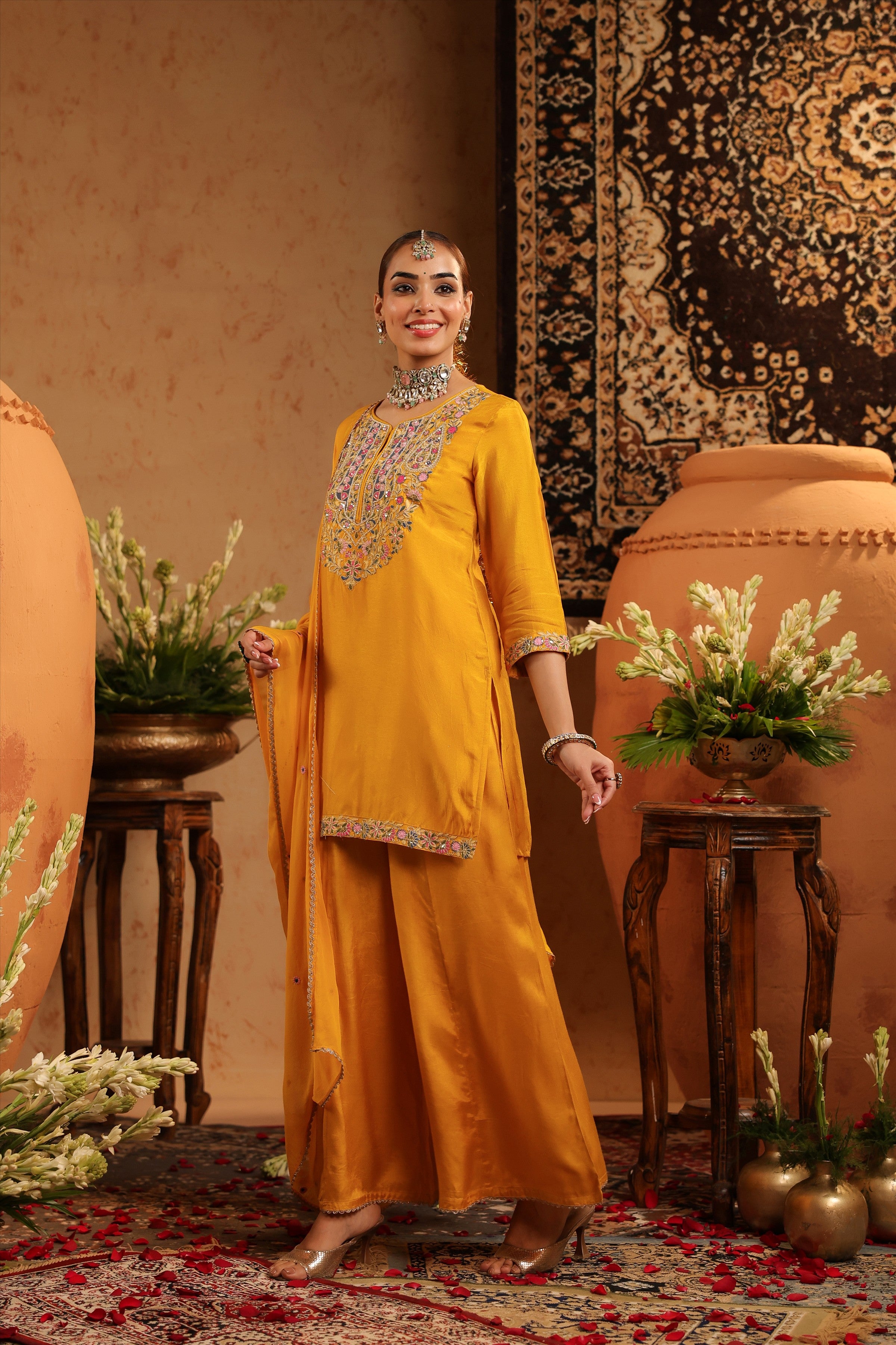 Mustard Silk Embroidered-Handwork Sharara Set
