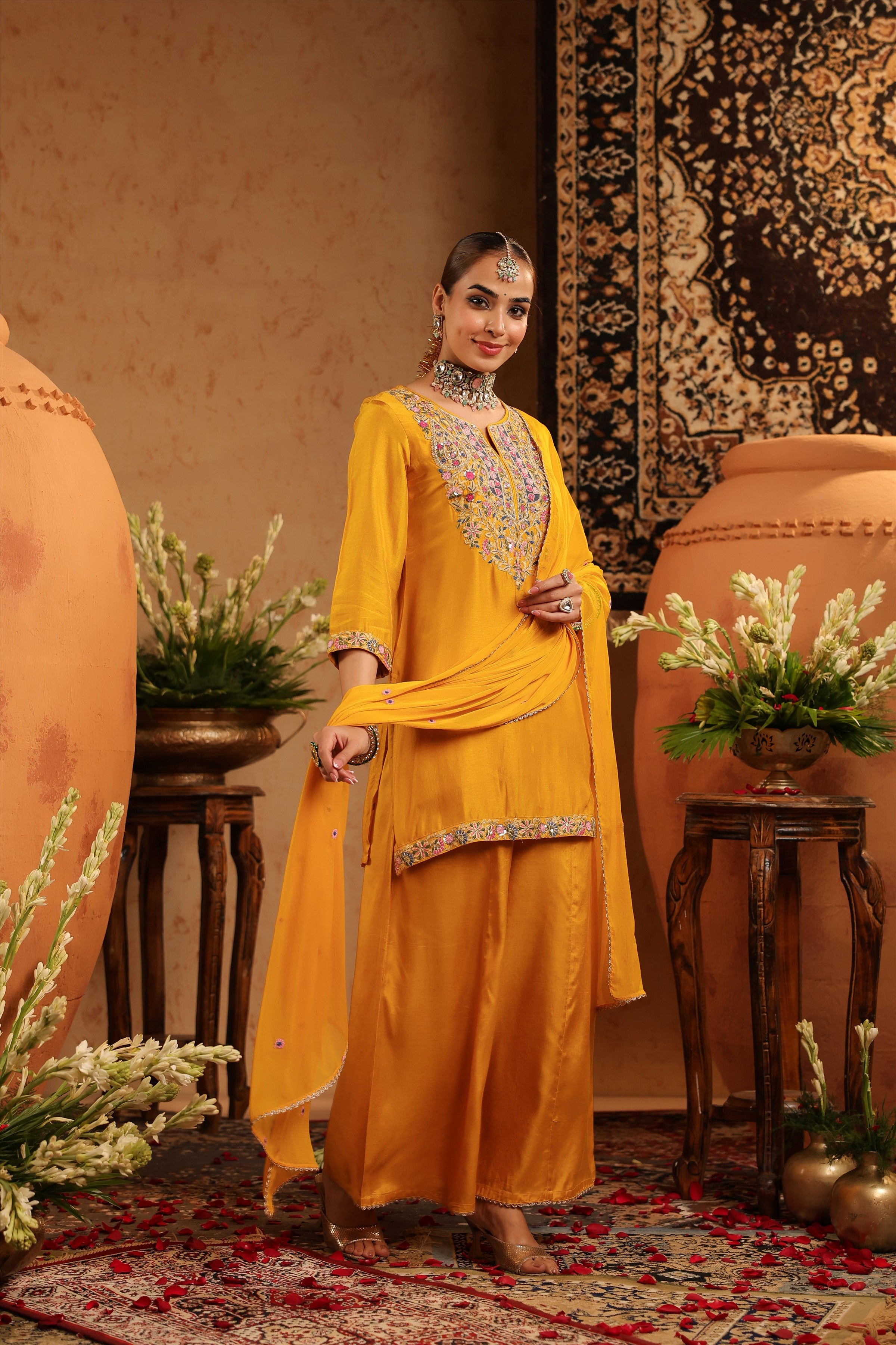 Mustard Silk Embroidered-Handwork Sharara Set