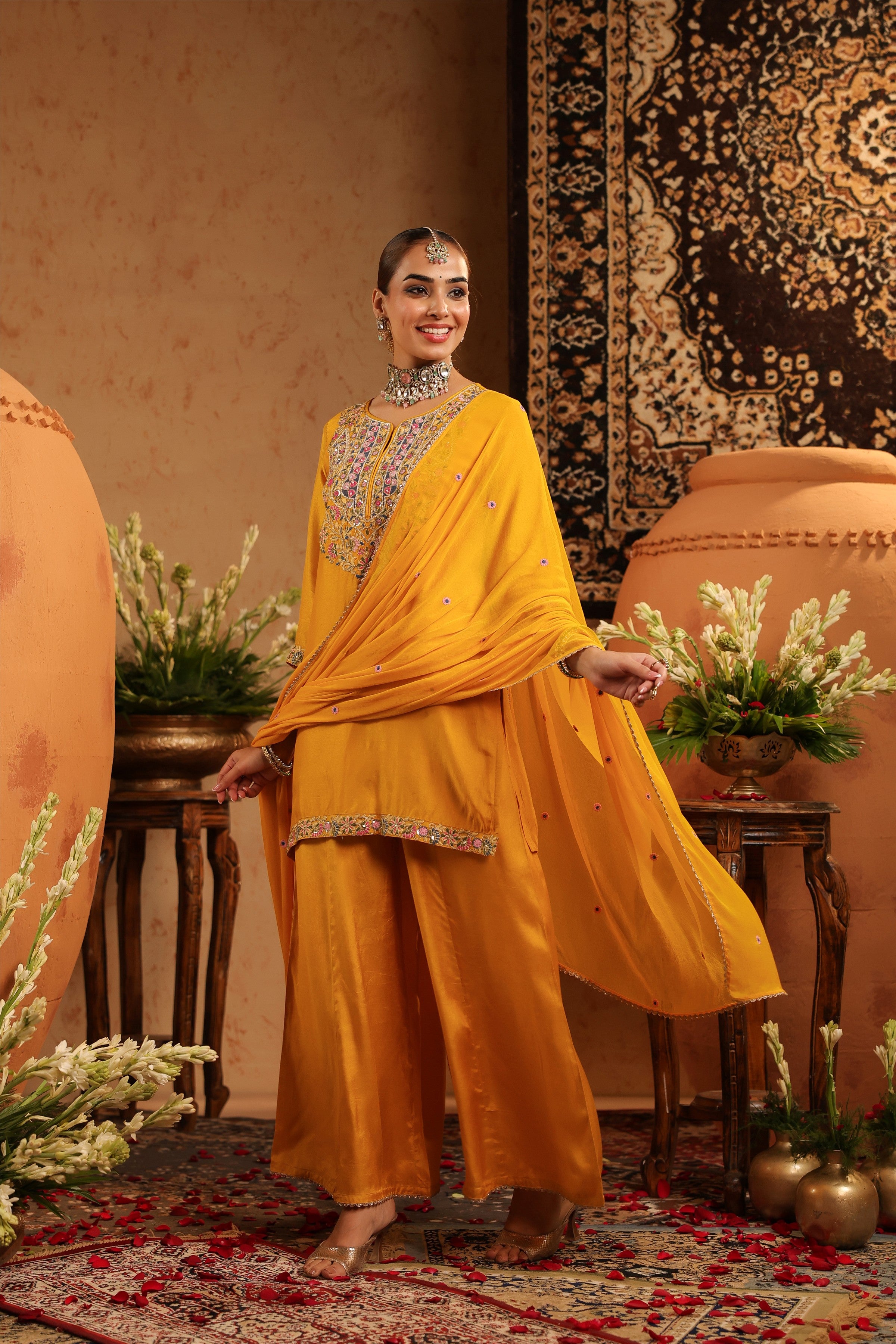 Mustard Silk Embroidered-Handwork Sharara Set